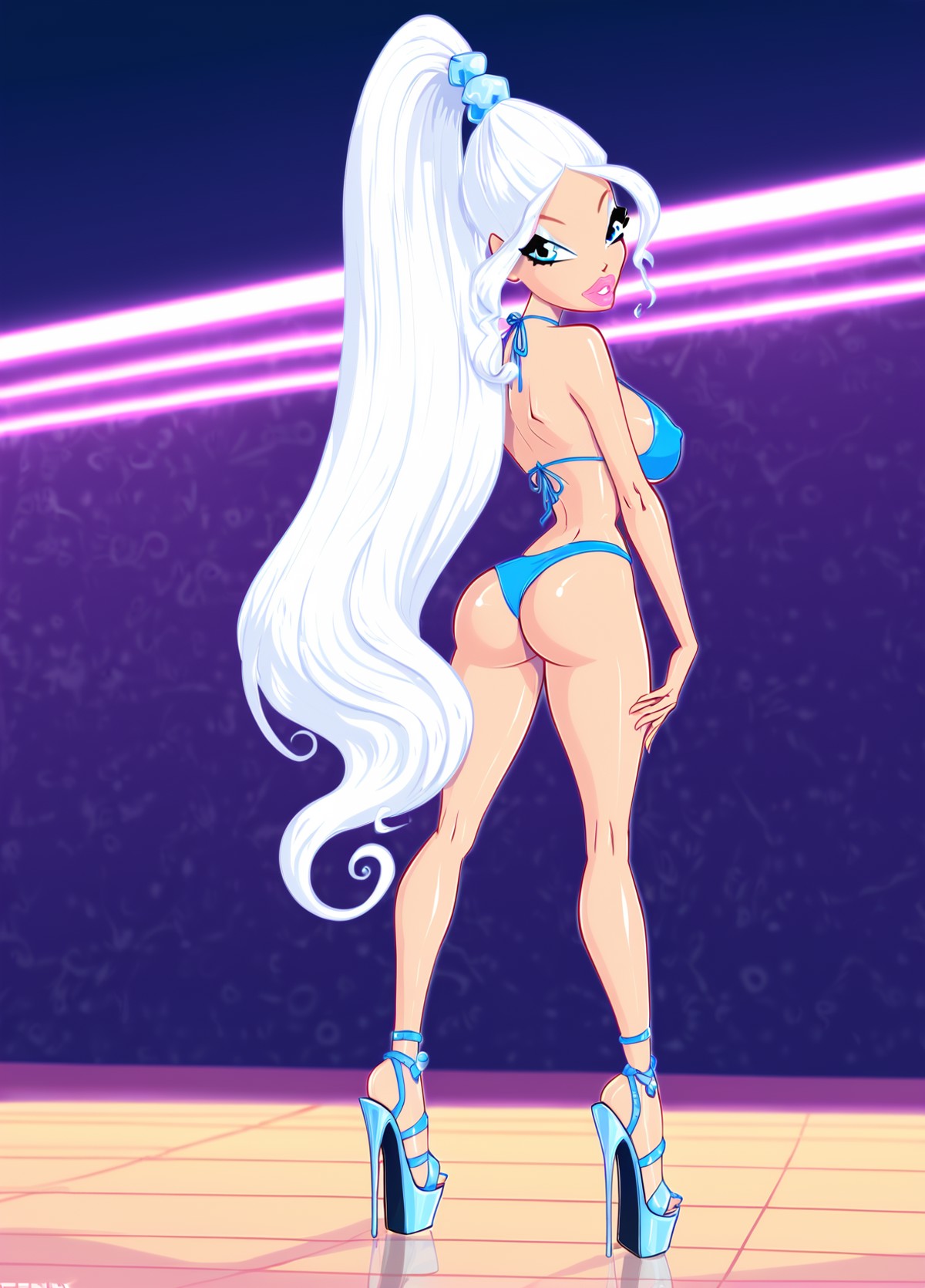 4kids_entertainment ai_generated bikini blue_eyes high_heels icy_(winx_club) long_hair neon_lights nickelodeon ponytail rainbow_(animation_studio) uglyspirit white_hair winx_club