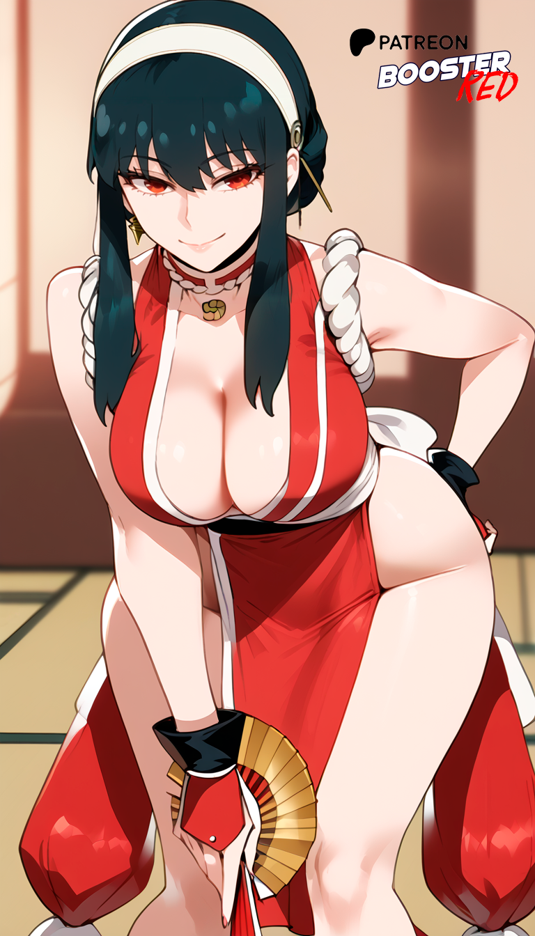 ai_generated bare_shoulders bed bedroom big_breasts boosterred99 cosplay earrings female greesgreen_hair hair hairband indoors king_of_fighters large_breasts leaning_forward mai_shiranui pony_diffusion_xl red_eyes spy_x_family yor_briar yor_forger