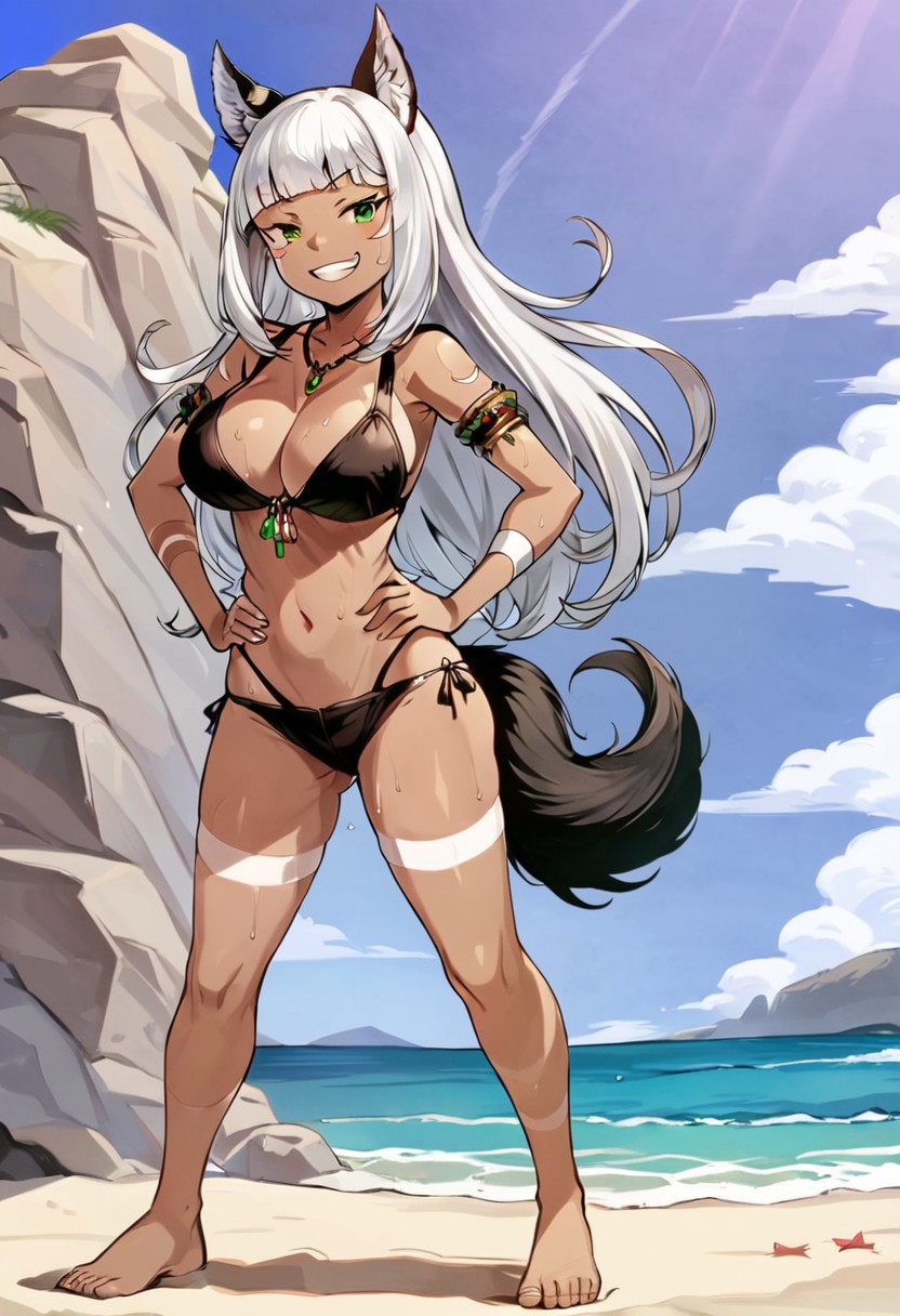 ai_generated beach big_breasts black_bikini dark-skinned_female ochette_(octopath_traveler_2) octopath_traveler_2