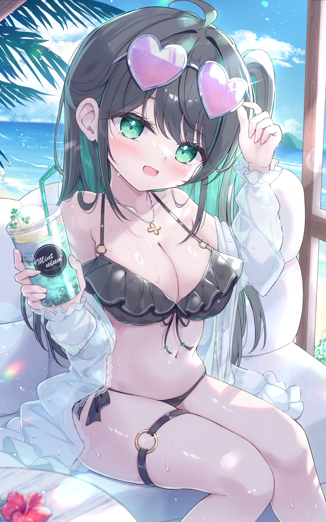 adjusting_glasses beach bikini black_bikini black_hair blush colored_inner_hair drink frilled_bikini green_eyes green_hair heart-shaped_eyewear heart_sunglasses large_breasts mikaze_oto neoteny off_shoulder offering offering_drink offering_to_viewer open_shirt original original_character shiny_skin shortstack sitting smile thigh_strap thighs white_shirt