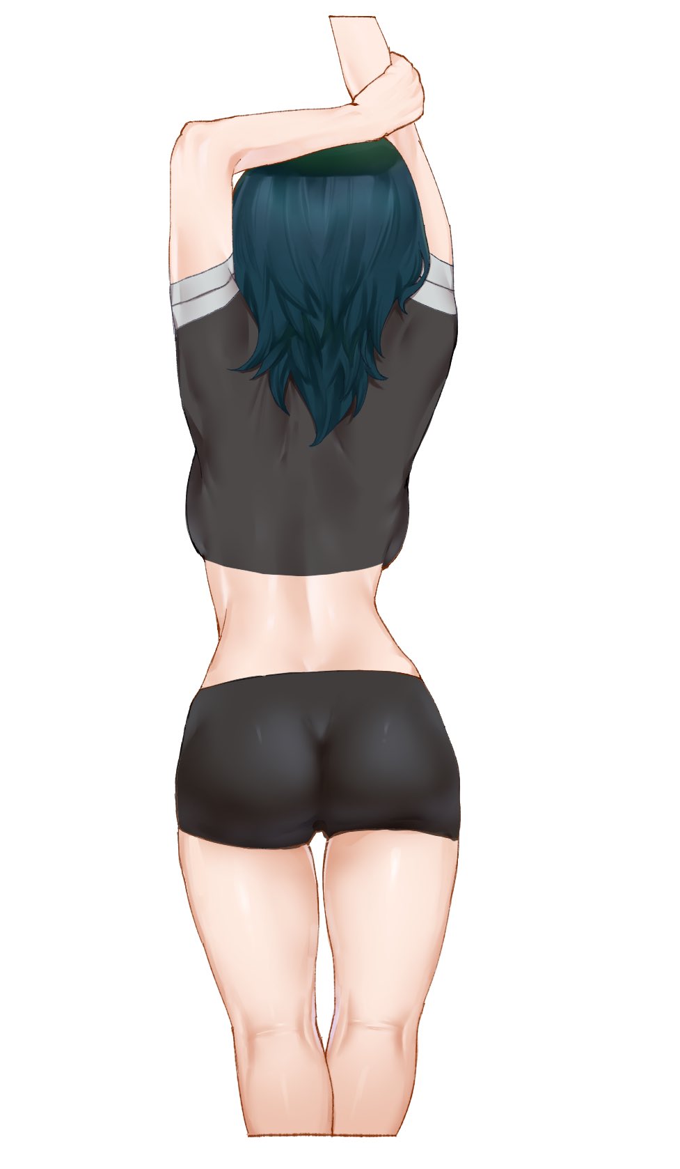 1girls arm_up arms_up ass back backboob bike_shorts black_shirt black_shorts breasts byleth_(female)_(fire_emblem) byleth_(fire_emblem) byleth_(fire_emblem)_(female) facing_away female female_only fire_emblem fire_emblem:_three_houses flexing from_behind green_hair highres medium_breasts nintendo s_oxox see-through see-through_shirt shirt shorts simple_background solo standing teal_hair white_background