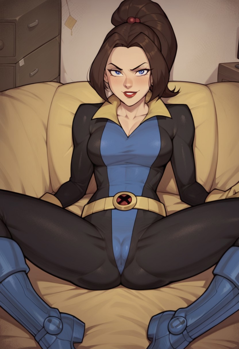 ai_generated cameltoe demonsummonerai female fully_clothed horny_female kitty_pryde marvel marvel_comics medium_breasts open_legs smile teenager tight_clothing x-men x-men_evolution