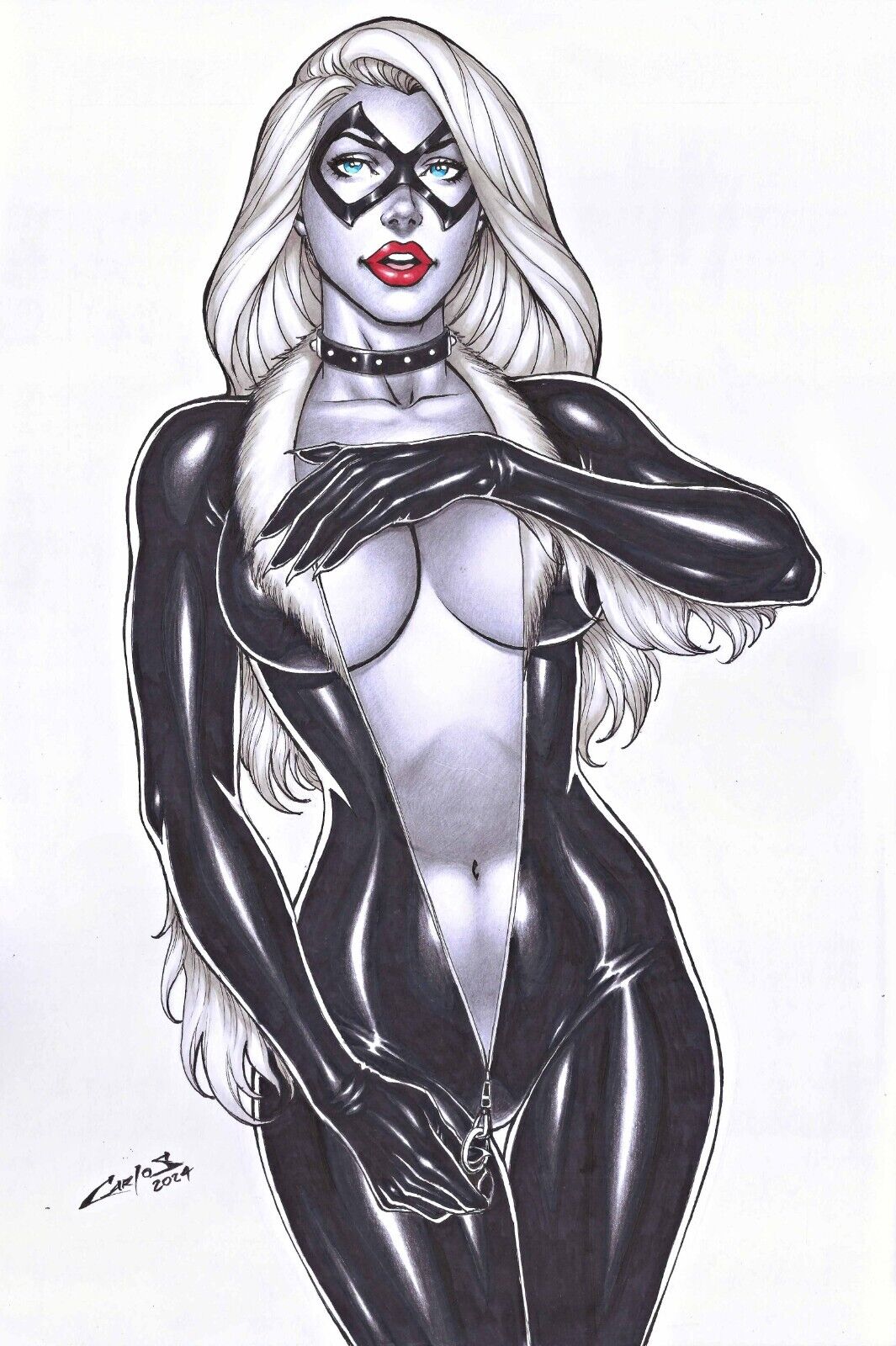 1girls 2024 artist_name artist_signature black_cat_(marvel) carlos_braga ed_benes_studio felicia_hardy huge_breasts latex_gloves latex_suit long_hair marvel marvel_comics seductive_look spider-man_(series) undressing unzipped unzipped_bodysuit