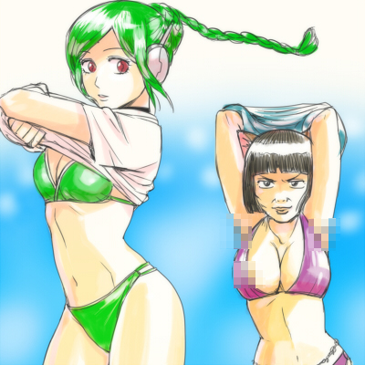 1:1 2girls 3mm android arms_up bikini black_hair bob_cut braid braided_hair cat_ears catgirl catherine_(gintama) cleavage female female_only gintama green_bikini green_hair headphones humor mosaic_censoring red_eyes robot_girl shirt_lift single_braid small_breasts tama_(gintama) ugly_female undressing