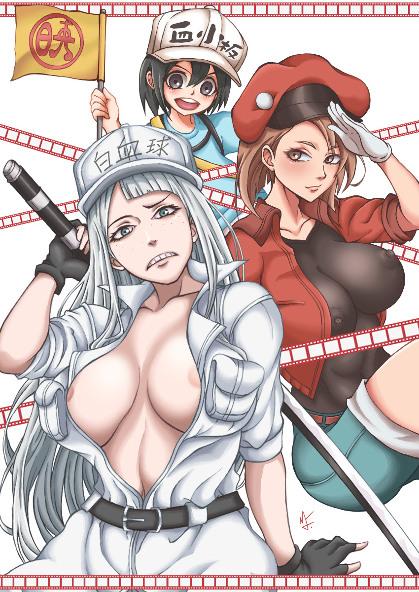 3girls asymmetrical_bangs bangs belt black_hair blue_eyes breasts brown_eyes brown_hair cells_at_work cells_at_work_code_black cosplay denim_shorts eizouken_ni_wa_te_wo_dasu_na! female female_only film_strip fingerless_gloves flag freckles freckles_on_face goes_hard hat hataraku_saibou hataraku_saibou_black holding_flag holding_sword holding_weapon huge_breasts katana keep_your_hands_off_eizouken long_hair midori_asakusa mr._chuushuu_setsu multiple_girls nipples_visible_through_clothing no_bra open_clothes open_clothing open_jacket platelet platelet_(hataraku_saibou) red_belt red_blood_cell_(cells_at_work) red_blood_cell_(hataraku_saibou) red_clothing red_hat sayaka_kanamori simple_background sword text_on_headwear tsubame_mizusaki u-1146 white_background white_blood_cell_(hataraku_saibou) white_gloves white_hair