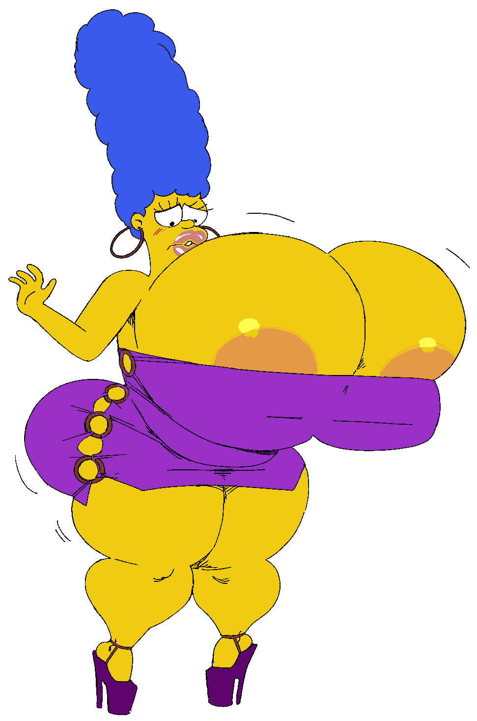 ÷ 1girls alternative_body_build alternative_bust_size bimbo blue_hair breasts clothing dress earrings fatfoxlower female female_only gigantic_breasts high_heels looking_down marge_simpson massive_breasts overweight purple_dress purple_high_heels solo solo_female the_simpsons thick_thighs voluptuous voluptuous_female white_background wide_hips yellow_skin