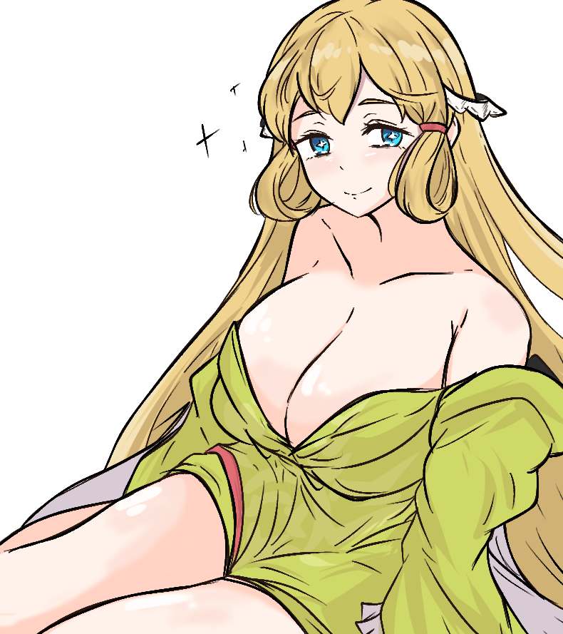 1girls alternate_costume bare_shoulders blonde_hair blue_eyes breasts cleavage closed_mouth collarbone female female female_only fire_emblem fire_emblem_heroes green_sweater large_breasts long_hair long_sleeves looking_at_viewer nintendo off_shoulder smile solo star-shaped_pupils star_(symbol) sweater symbol-shaped_pupils tavi_(hosheezus) very_long_hair white_background ymir_(fire_emblem_heroes)