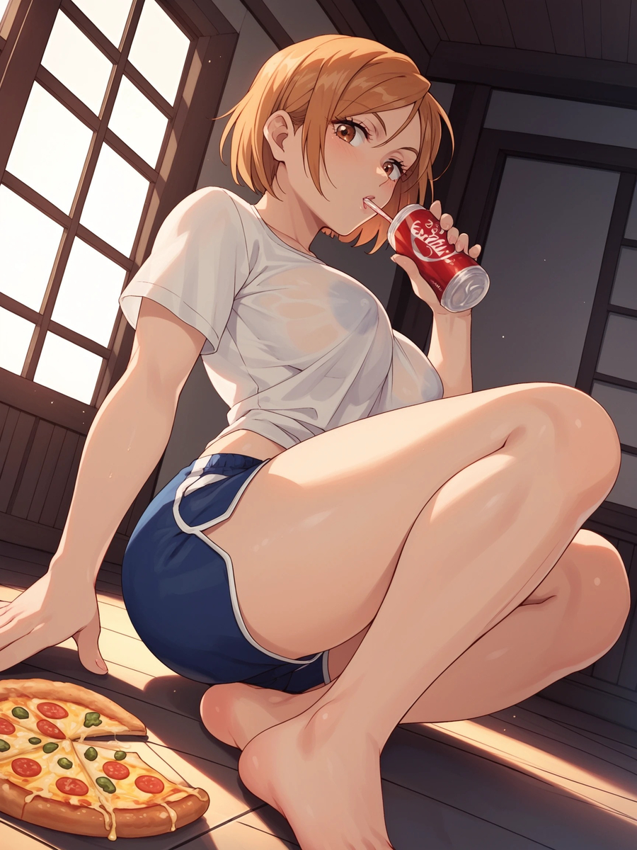 1girls ai_generated big_breasts blush booty_shorts coke cute cute_girl drinking feet female female_only gym_uniform human jujutsu_kaisen kugisaki_nobara looking_at_viewer nipples nipples_visible_through_clothing no_bra orange_eyes orange_hair pizza solo surprised sweat sweating thick_thighs wet_clothes wet_t-shirt