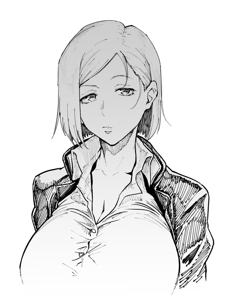 ahemaru, black and white, breasts, button down shirt, buttons, cleavage, clothed, clothed female, female, female only, huge breasts, jujutsu kaisen, kugisaki nobara, looking at viewer, monochrome, short hair, solo, solo female