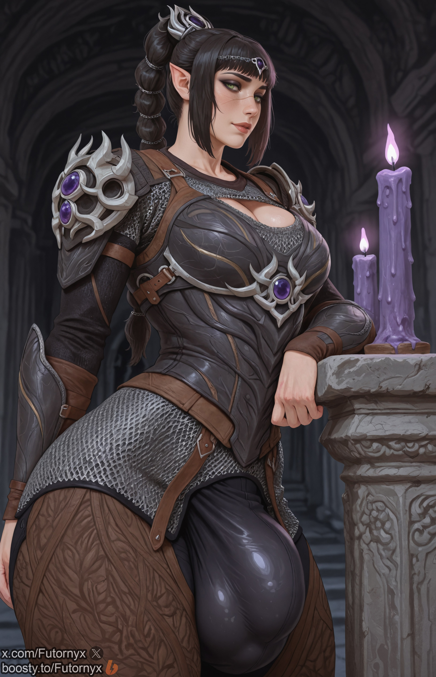 1futa, ai generated, baldur's gate, baldur's gate 3, black hair, boosty, boosty username, breasts, bulge, dickgirl, elf ears, face scar, futa only, futanari, futornyx, intersex, light-skinned futa, medium breasts, penis, pointy ears, scar, shadowheart, shadowheart (baldur's gate), solo, testicles, twitter username, wide hips