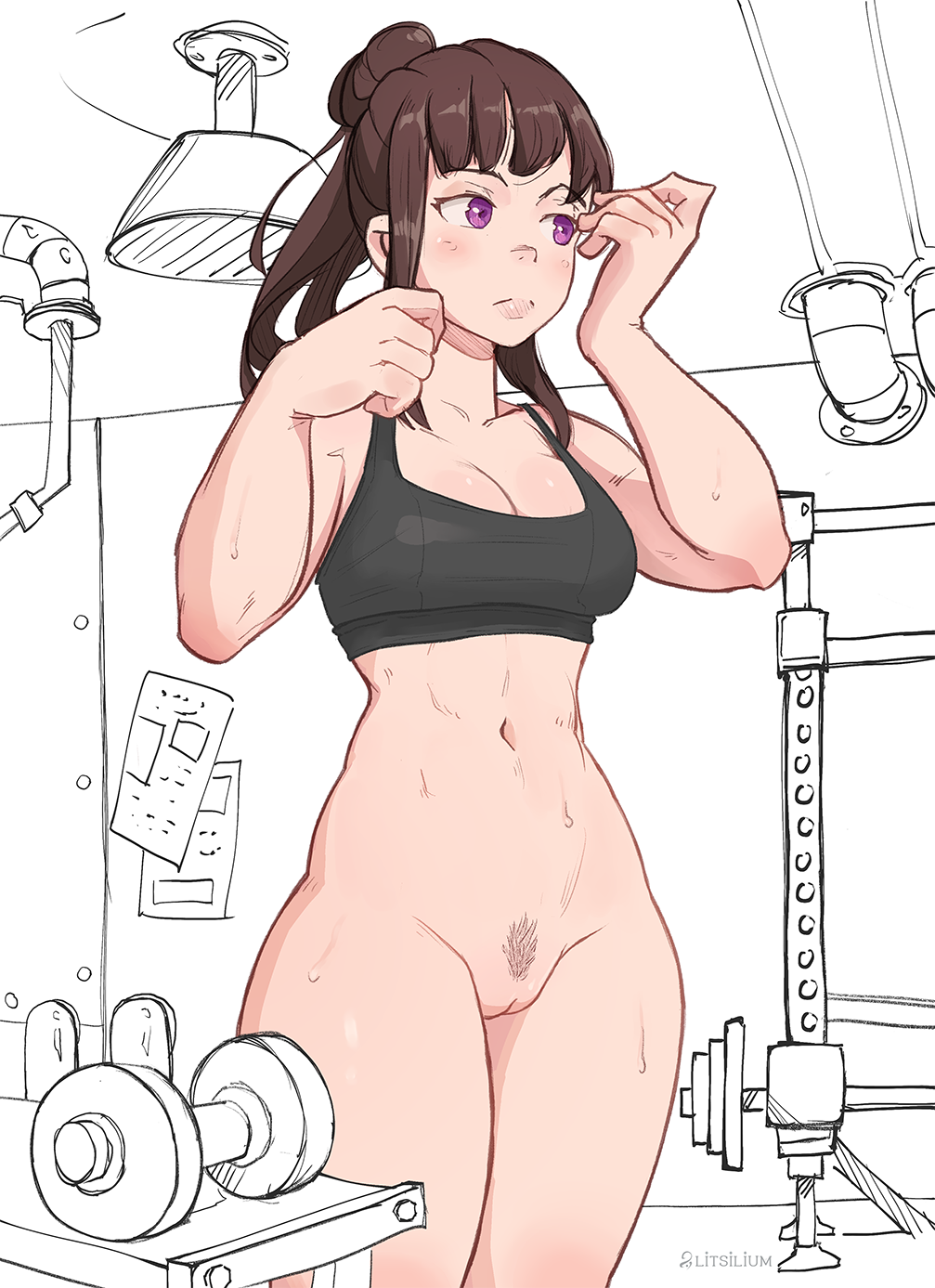 1girls abs artist_name blush bottomless breasts brown_hair cleavage dolphin_shorts dumbbell en'en_no_shouboutai enen_no_shouboutai female_pubic_hair fire_force gym hair_bun highres litsilium long_hair medium_breasts navel oze_maki pubic_hair purple_eyes pussy shorts sweat tank_top uncensored