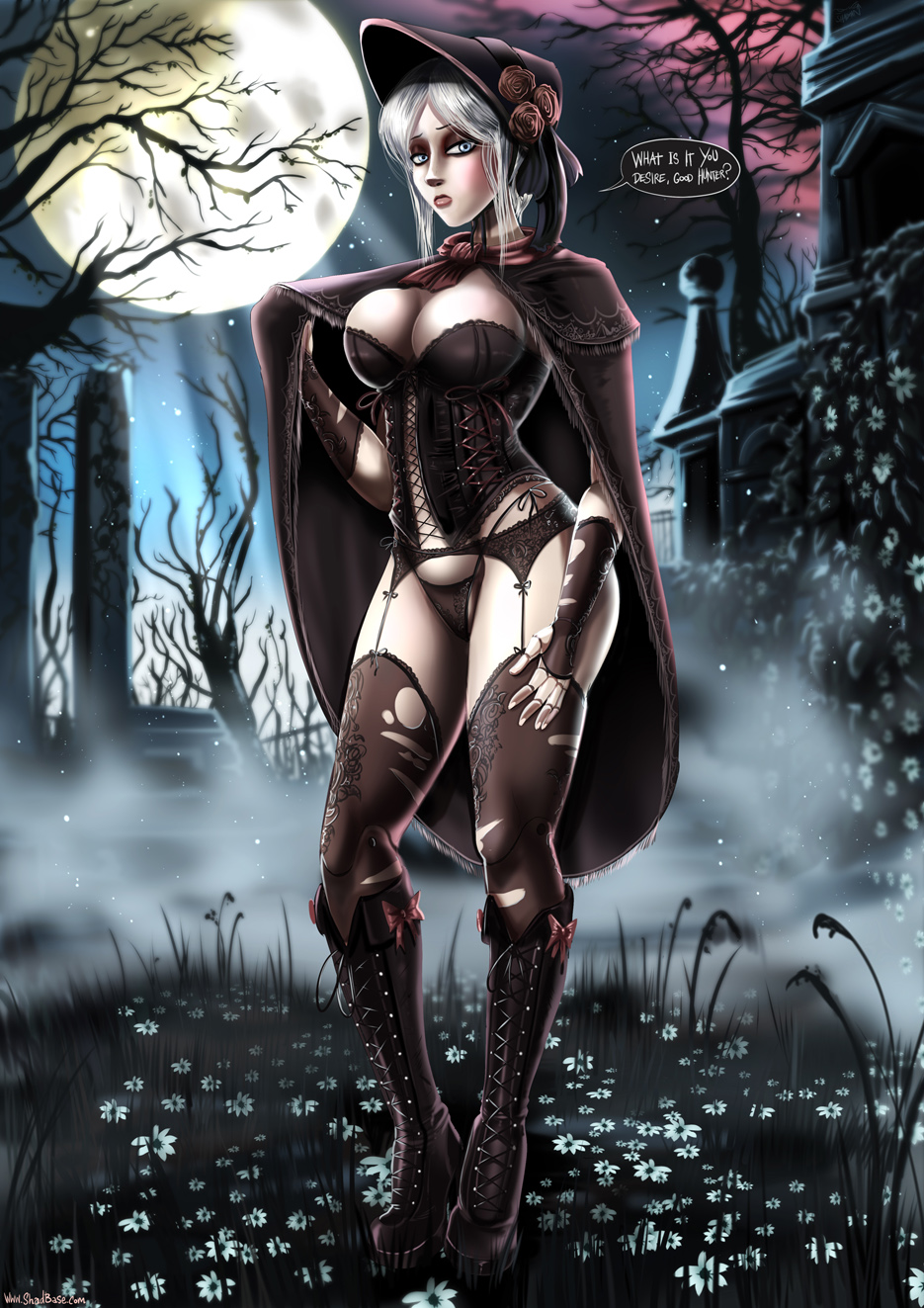 1girls, 2d, bloodborne, blue eyes, blush, bonnet, boots, breasts, cape, cleavage, clothing, corset, dialogue, doll, english text, female, female only, fromsoftware, fuck me boots, garter belt, garter straps, goth, gothic, hat, high heel boots, high heels, huge breasts, lingerie, living doll, moon, night, outdoors, pale skin, panties, plain doll, shadman, shawl, solo, solo female, sony, speech bubble, standing, text, thighhighs, thong, torn thighhighs, underwear, white hair