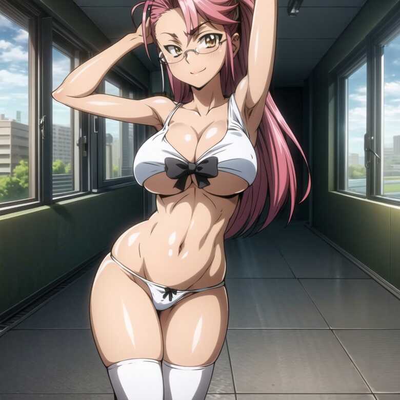 1girls, ai generated, arms up, big breasts, bra, breasts, cleavage, female, highschool of the dead, huge breasts, large breasts, panties, pink hair, plump thighs, saya takagi, tagme, thighhighs, toned, toned body, toned female, white bra, white panties