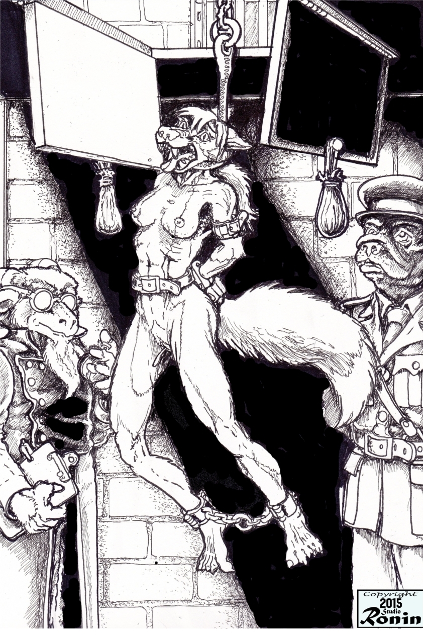 anthro anthro_only asphyxiation bondage bound bulldog canine caprine chains female fox fur furry furry_only gallows goat hanged mammal monochrome muff nipples noose pussy ronin rope solo