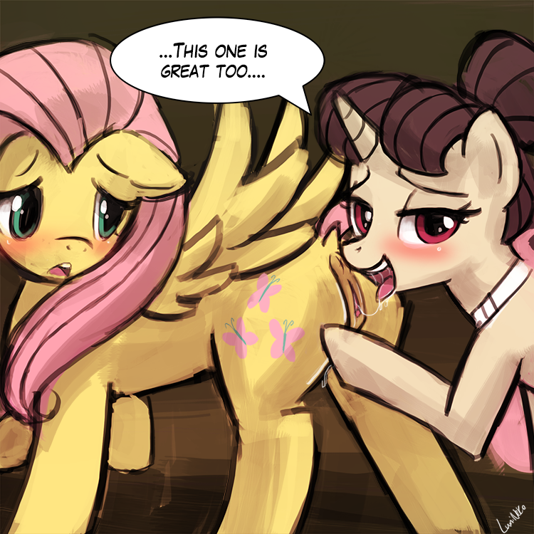 2015 anus blush clitoris cunnilingus cutie_mark duo english_text equine female feral fluttershy_(mlp) friendship_is_magic fur hair half-closed_eyes horn horse looking_at_viewer looking_back lumineko mammal my_little_pony oral pegasus pink_hair pony pussy pussy_juice pussy_juice_string sex simple_background sugar_belle text unicorn vaginal_penetration wings yellow_fur yuri