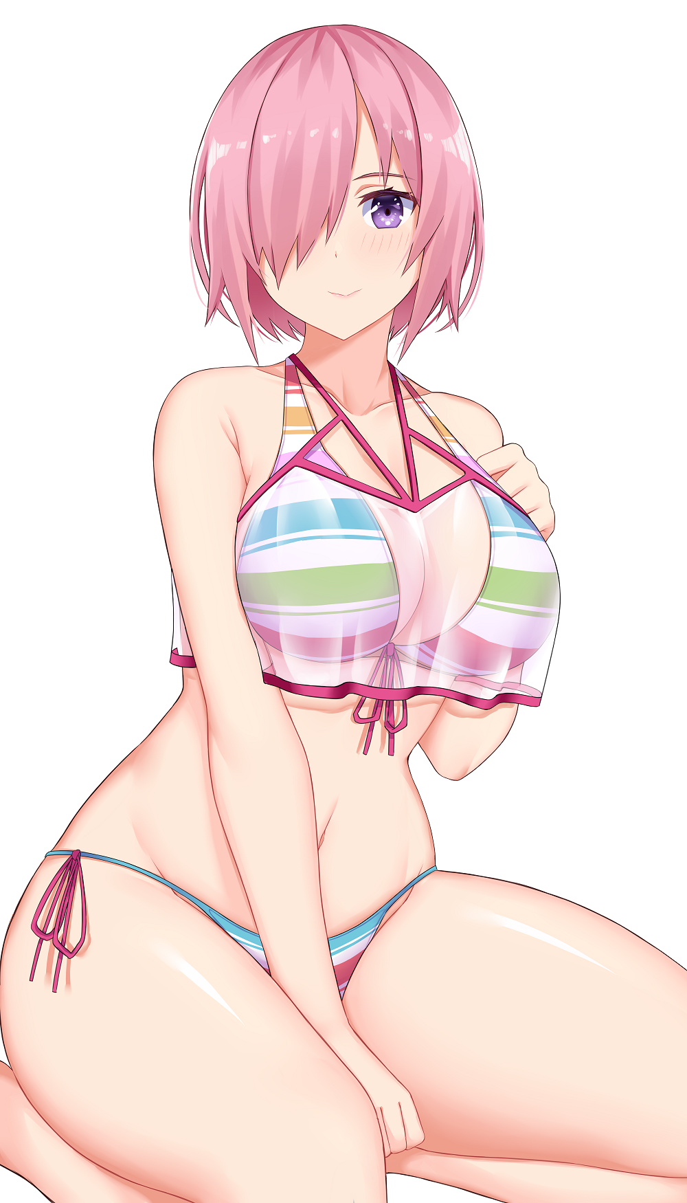 1girls arind_yudha big_breasts bikini breasts fate/grand_order fate_(series) female hair_over_one_eye large_breasts mash_kyrielight pink_hair purple_eyes shielder_(fate/grand_order) solo soloswimsuit_of_perpetual_summer_ver.02