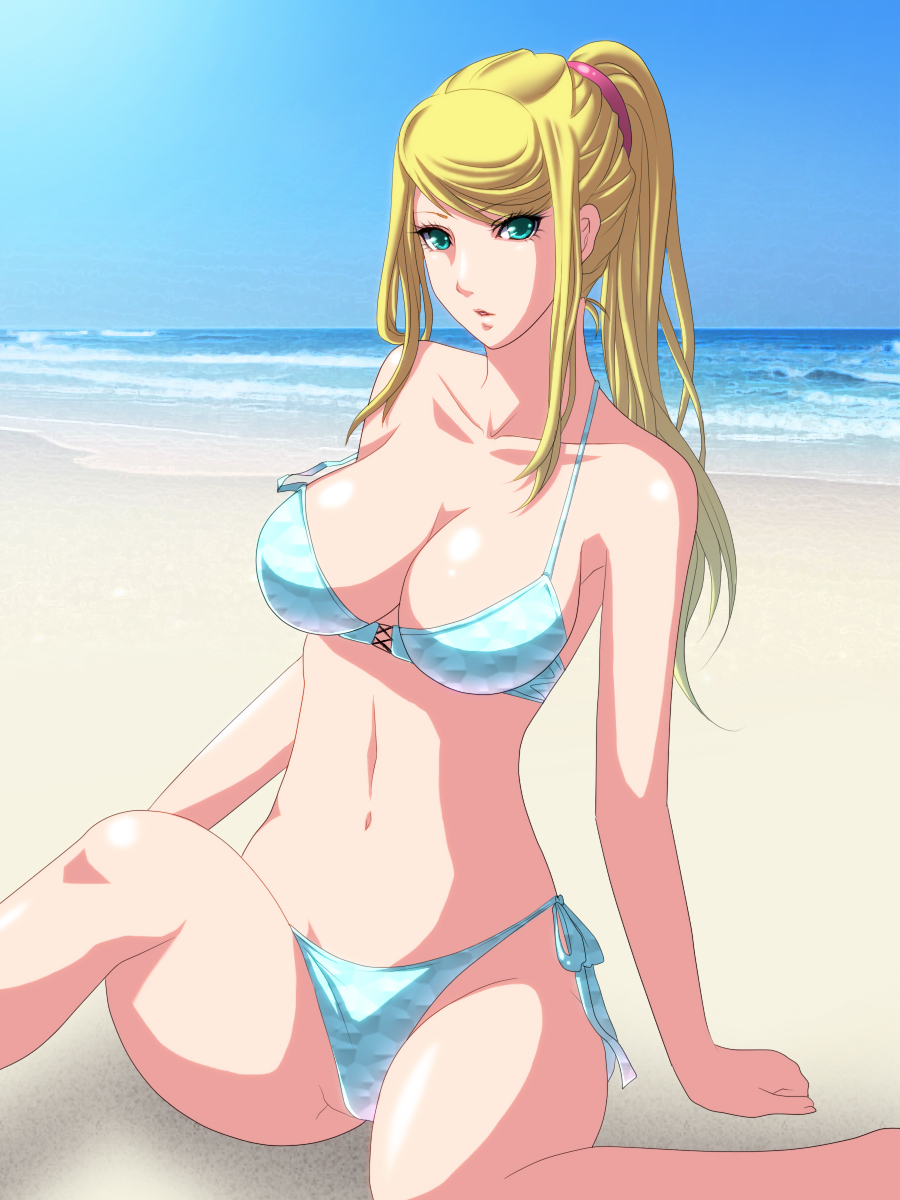1girls, beach, bikini, blonde hair, blue eyes, breasts, female, green eyes, hair, human, kuroma (atapi), long hair, metroid, nintendo, samus aran, solo, water