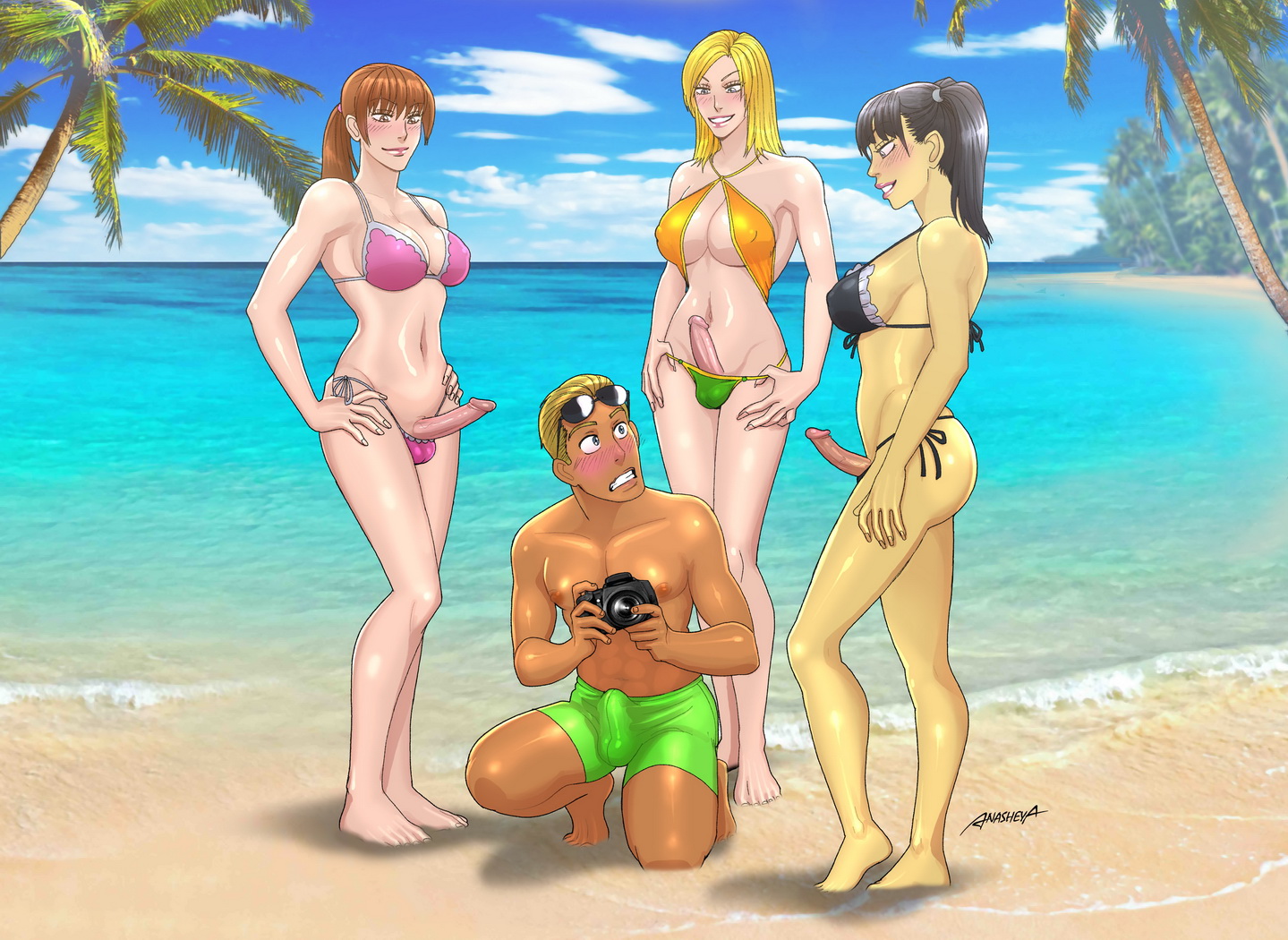 1boy, 2d, 3futas, anasheya, balls, barefoot, beach, big breasts, bikini, black hair, blonde hair, blue eyes, blush, breasts, brown eyes, brown hair, cleavage, dead or alive, dickgirl, erect nipples, erection, feet, fighting game, futa is bigger, futa on male, futadom, futanari, hand on hip, human, human only, intersex, kasumi (doa), large breasts, lei fang, long hair, male, malesub, navel, nipples, outdoors, penis, penis size difference, ponytail, smile, standing, surprised, surrounded by futa, surrounded by penises, tecmo, testicles, tied hair, tina armstrong, twintails, uncensored, video game character, video game franchise