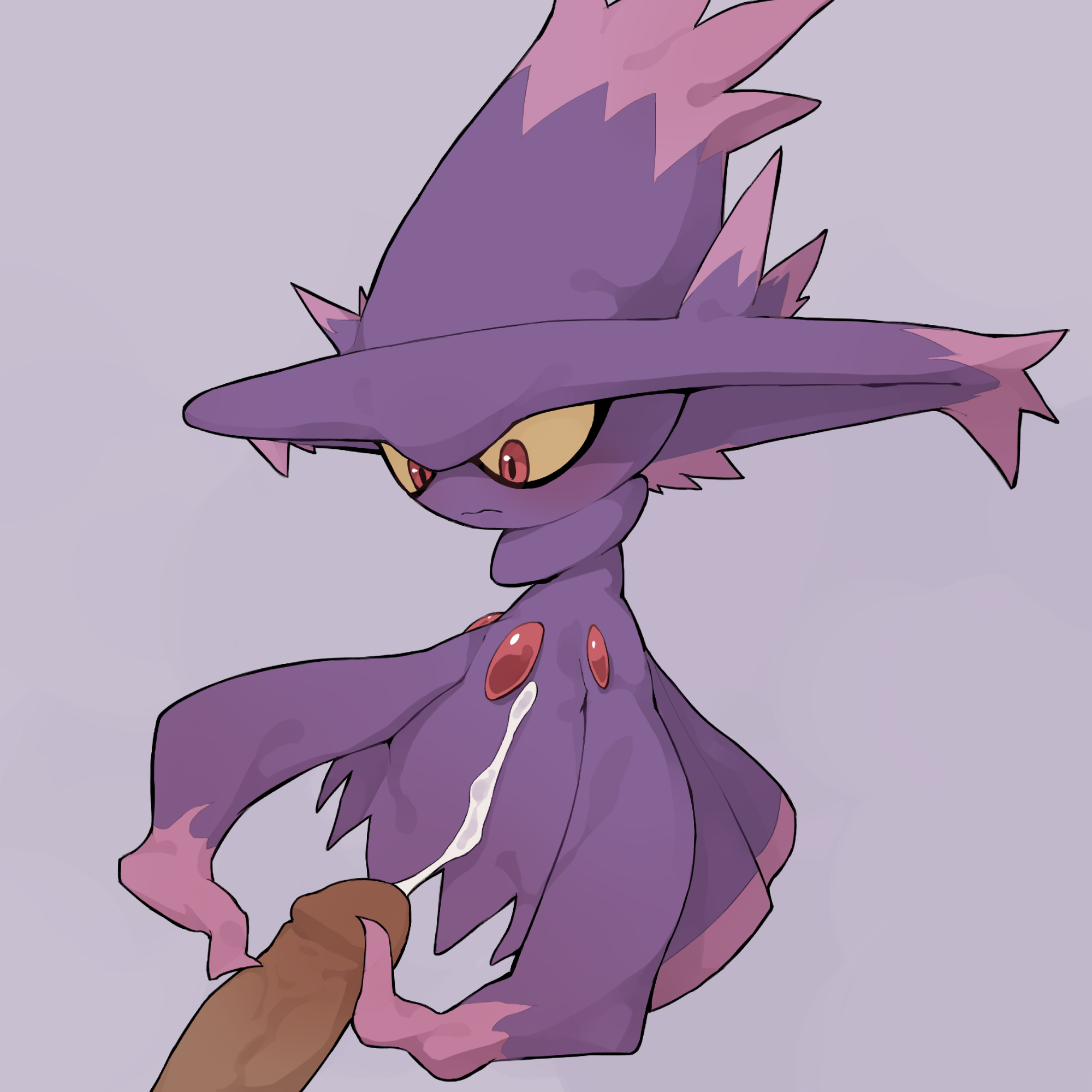blush, cum, cum on body, cum on lower body, cum string, disembodied penis, erection, female, floating, full body, ghost, grey background, handjob, highres, looking down, male, mismagius, penis, pokemon, pokemon (species), pokemon dppt, red eyes, simple background, solo, uncensored, yellow sclera, youjomodoki