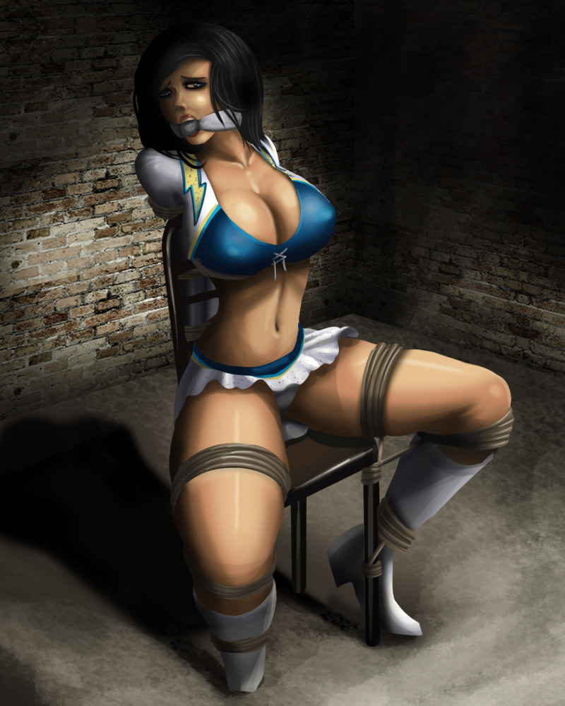 arms behind back, ball gag, black hair, blue eyes, bondage, boobs, boots, bound, bound and gagged, breasts, chair, cheerleader, cleavage, female, gag, gagged, huge breasts, imminent rape, indoors, long hair, looking at viewer, microskirt, navel, panties, pantyshot, pokies, rope, shadow, sitting, spread legs, svoidist, underwear
