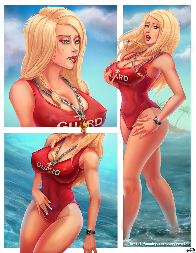 abs, aqua eyes, beach, big breasts, blonde hair, braid, breast grab, breasts, cameltoe, cleavage, clouds, erect nipples, female, freckles, hair, hand on hip, lifeguard, long hair, nail polish, navel, nipples, ocean, open mouth, outdoors, painted nails, partially submerged, pussy, sky, standing, swimsuit, tree, vempire, watch, water, whistle, wristwatch