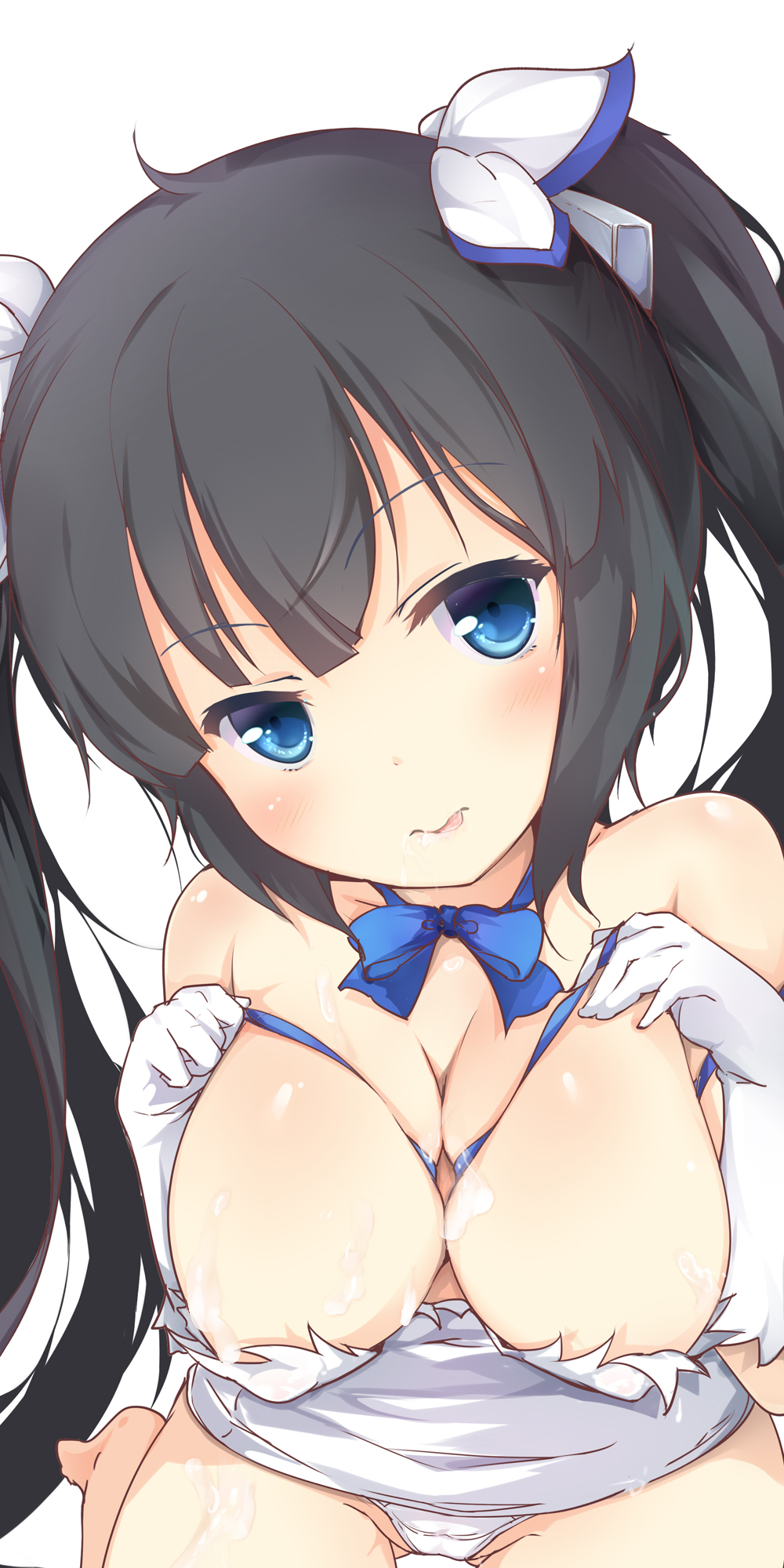 black_hair blue_eyes blush breasts chiyami cum cum_on_body cum_on_breasts cum_on_upper_body dungeon_ni_deai_wo_motomeru_no_wa_machigatteiru_darou_ka erect_nipples facial female gloves hair_ribbon hestia_(danmachi) highres large_breasts panties ribbon smile solo tied_hair tongue twintails underwear