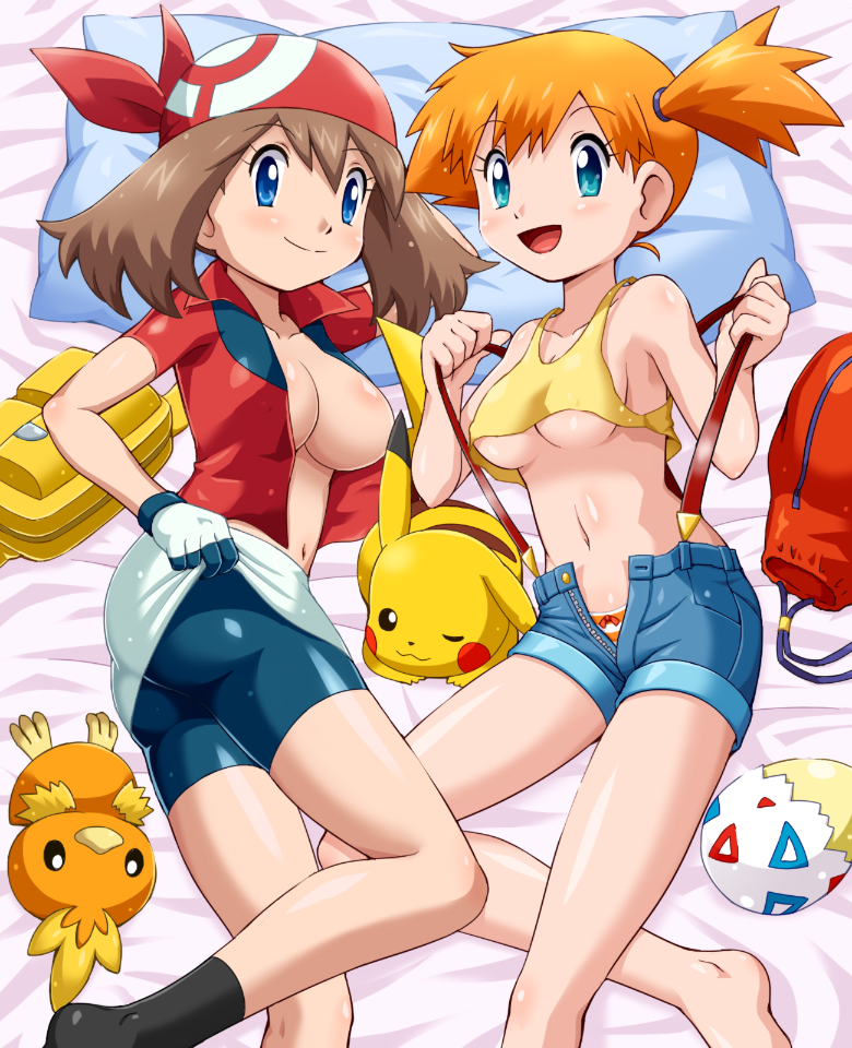 2girls ass backpack bag bandana barefoot belt big_ass big_breasts bike_shorts blue_eyes blush breasts brown_hair feet female female_only happy human human_only kasumi_(pokemon) large_breasts looking_at_viewer lying may_(pokemon) medium_breasts midriff multiple_girls navel nintendo on_side one_eye_closed open_mouth orange_hair panties pikachu pokemoa pokemon pokemon_(species) shirt shorts side_ponytail smile soara suspenders togepi torchic underboob undressing wink