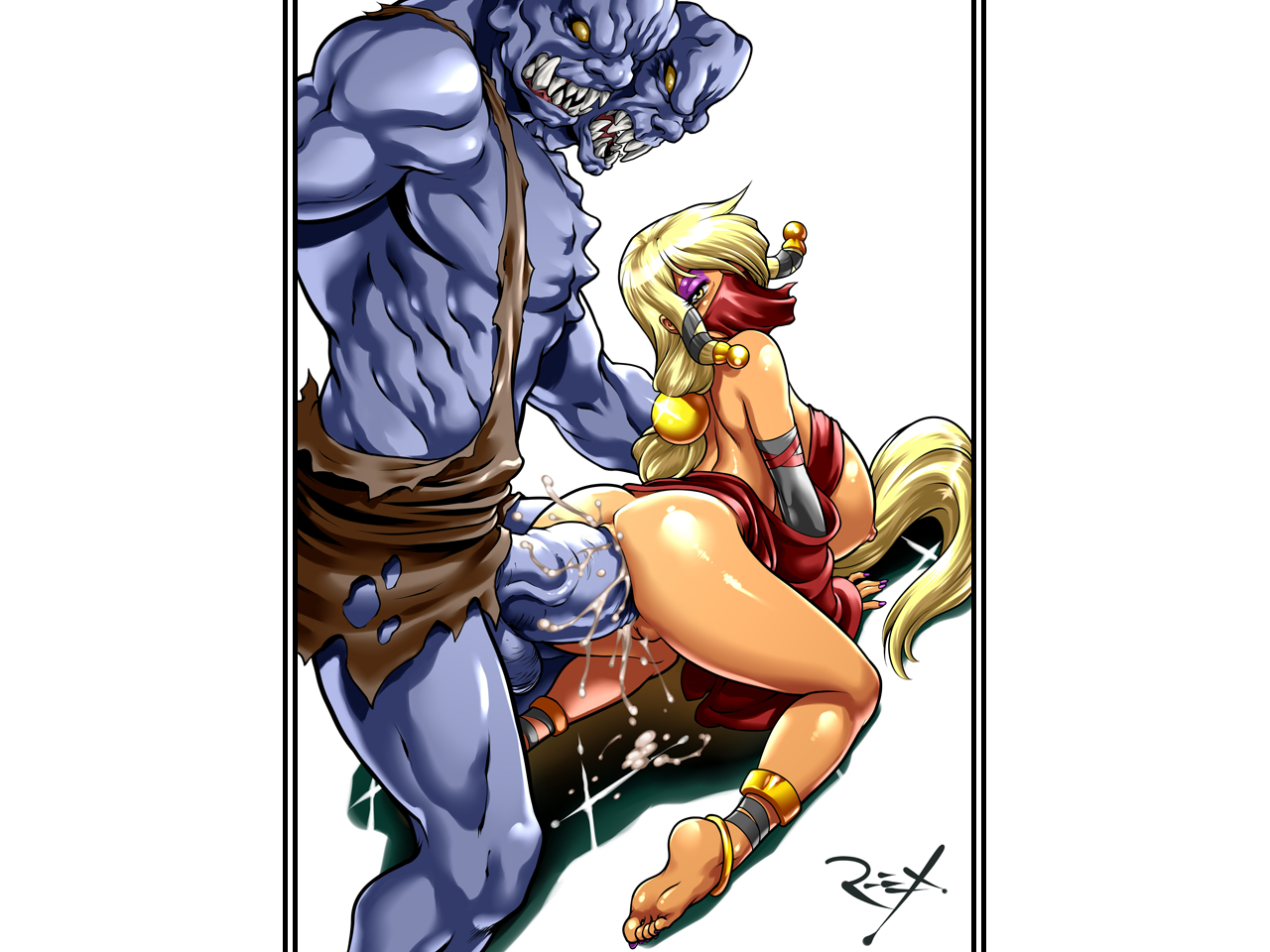 2 heads, all fours, anal, ass, balls, blonde hair, blue skin, breasts, conjoined, cum, cum in ass, cum inside, cumdrip, doggy style, female, from behind, hair, huge breasts, huge cock, human, illumi (legend of queen opala), interspecies, legend of queen opala, long hair, looking back, makeup, male, monster, mouth veil, multi head, nude, ogre, penis, pussy, r ex, sex, testicles, tight fit, vagina, veil
