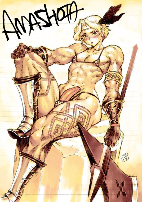 abs amazon_(dragon's_crown) ambush_(trap) armlet balls_in_panties bangs bikini bikini_armor blonde_hair blush crossdressing dragon's_crown erection femboy gloves halberd large_penis male muscular penis po-ju rule_63 solo testicles thong trap unconvincing_armor vanillaware veins weapon