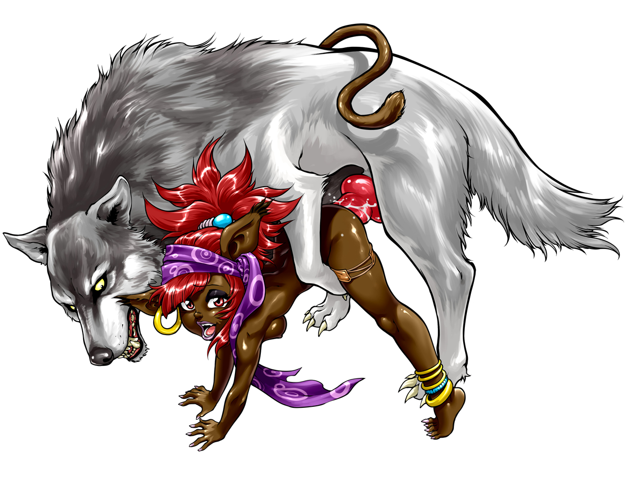 all fours, big penis, breasts, canine penis, cum, cum inside, dark skin, dark-skinned female, female, from behind, hair, interspecies, knot, legend of queen opala, makeup, male, mounted, nude, penis, r ex, ratiki (legend of queen opala), red hair, small breasts, tail, wolf, zoophilia