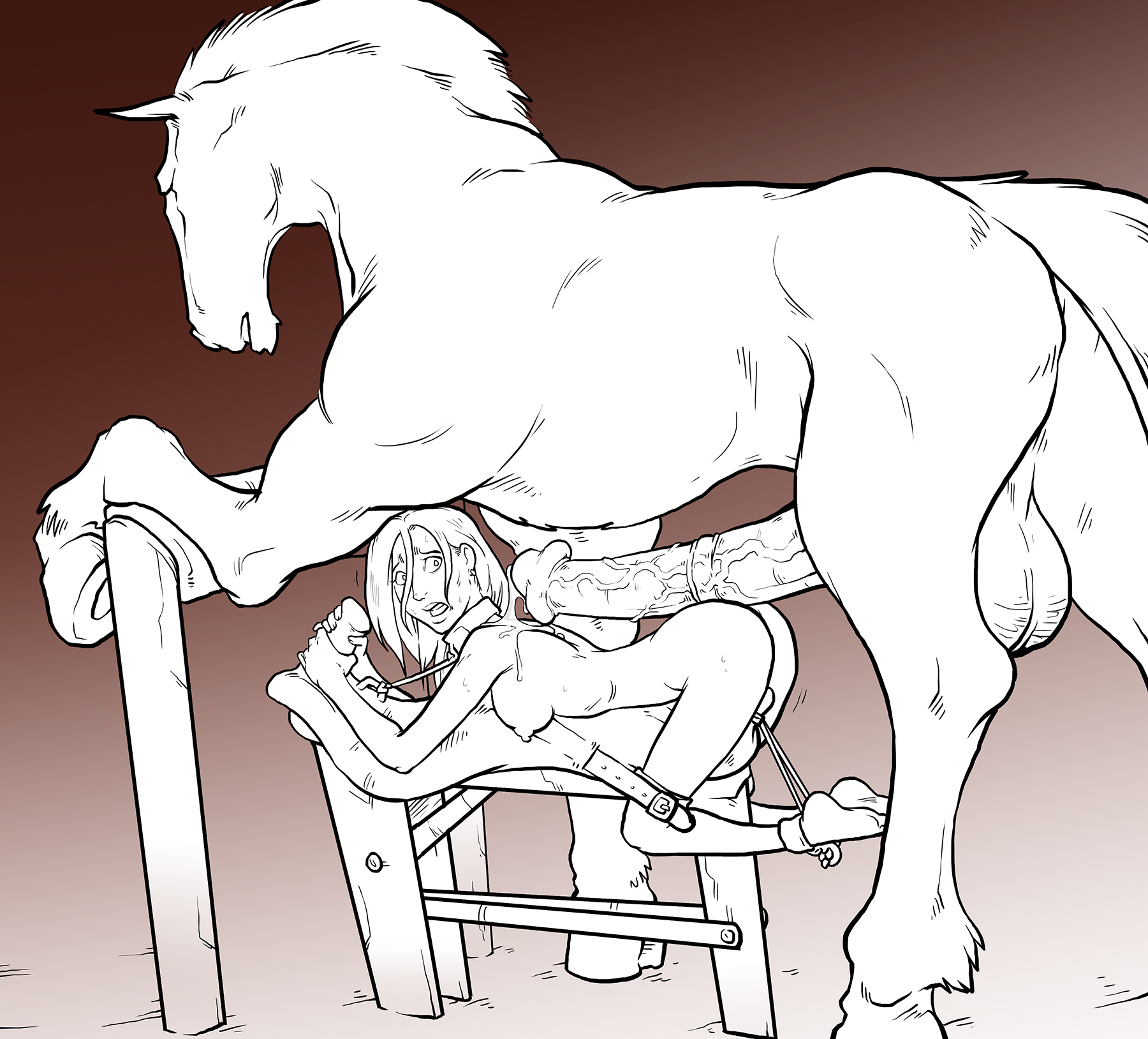 2d, balls, bondage, bondage with feral, bound, breasts, collar, equine, erection, female, feral, feral on female, feral on human, forced bestiality, from behind, hair, helpless, hi res, high quality, hooves, horse, horsecock, huge balls, huge cock, human, human female, humanoid, imminent rape, imminent sex, interspecies, male, mammal, masterpiece, measuring penetration depth, monochrome, mounted, nipples, nude, open mouth, penis, precum, restrained, shocked, small breasts, sparrow (artist), straight, tied down, veiny, veiny penis, wide eyed, zoophilia