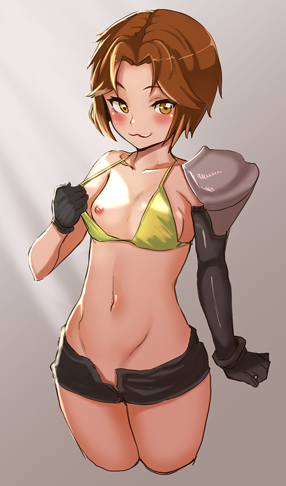 blush brown_hair female gloves navel nipples no_bra no_panties open_shorts school_girl_strikers short_hair small_breasts solo tagme takamine_ako thighs