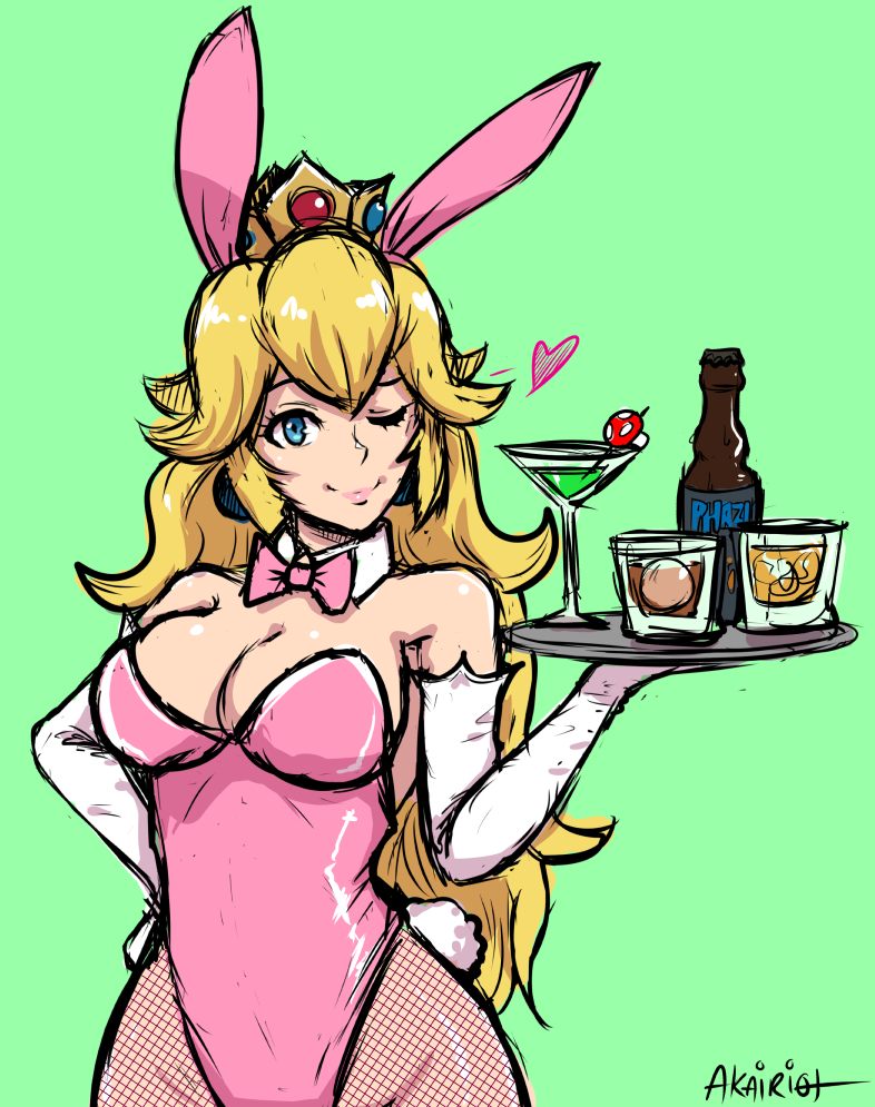 1girls, akairiot, alcohol, beverage, blonde hair, blue eyes, bowtie, bunny costume, bunny ears, bunny girl, bunny tail, bunnysuit, crown, detached collar, female, female only, fishnets, fully clothed, green background, hand on hip, heart, mario (series), martini, mushroom, nintendo, one eye closed, princess peach, simple background, solo, standing, tray, waitress, wink, yellow hair