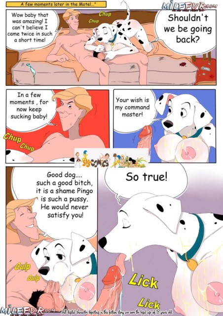 101_dalmatians anthro areola balls black_fur blonde_hair breasts canine closed_eyes collar comic condom cum cum_on_breasts cum_on_face dalmatian dialogue disney dog english_text female fur hair human interspecies lying male mammal nipples nude on_back onomatopoeia oral oral_sex penis perdita pubes roger_radcliffe straight sweat teeth text tongue tongue_out vein veiny_penis white_fur zoophilia