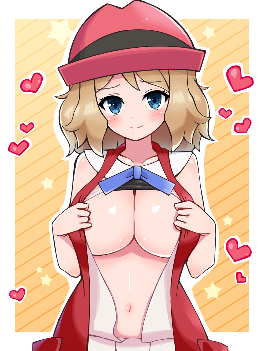 1girls, blonde hair, blue eyes, blush, breasts, chro, cleavage, female, female only, hat, heart, human, human only, large breasts, looking at viewer, navel, nintendo, pokemon, ribbon, serena (pokemon), shiny skin, short hair, short serena, smile, solo, undressing