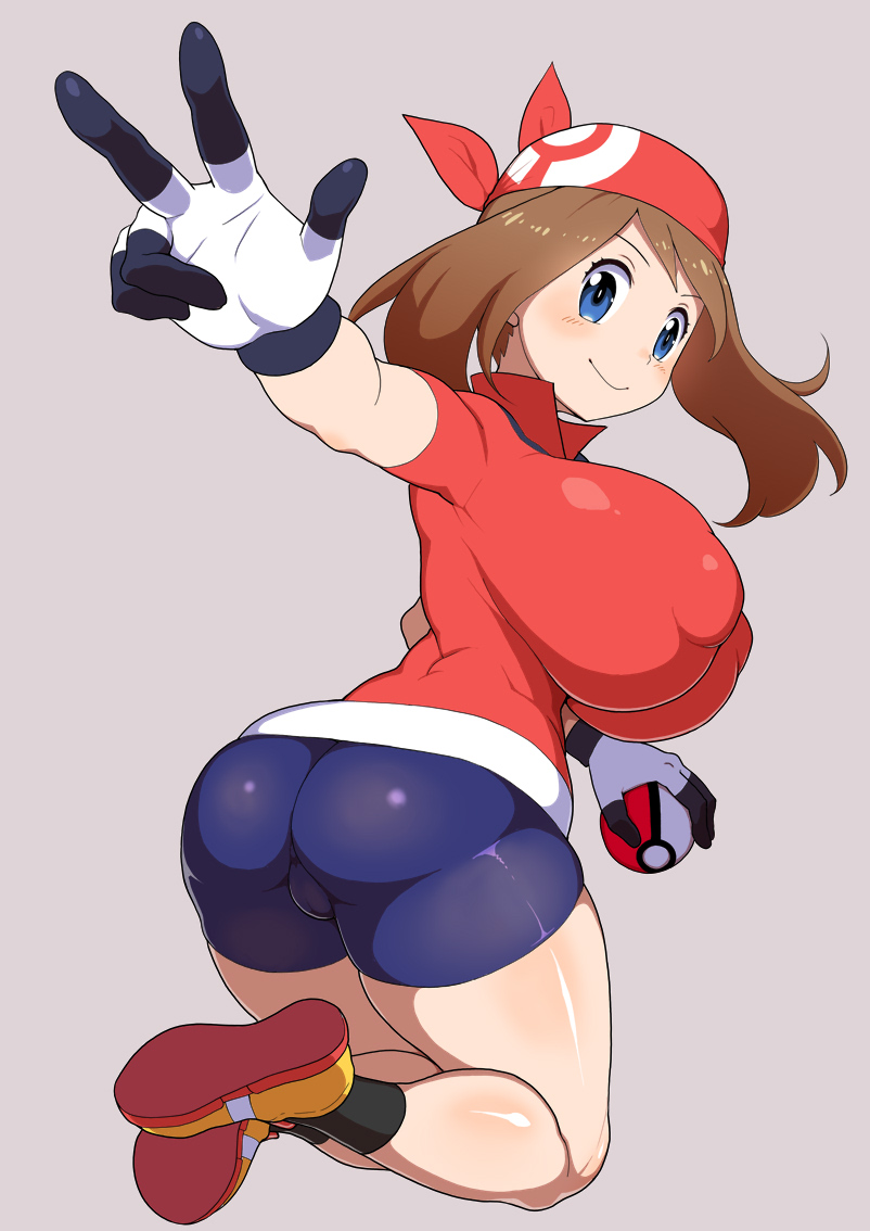 1girls ass big_breasts bike_shorts black_shorts blue_eyes bottomwear breasts brown_hair clothing female female_only footwear full_body game_freak gloves hair handwear headband headwear huge_breasts large_breasts may_(pokemon) nipple_bulge oomaeda peace_sign pokeball pokemon pokemon_rse red_shirt shirt shoes shorts socks solo solo_female thick_thighs thighs topwear