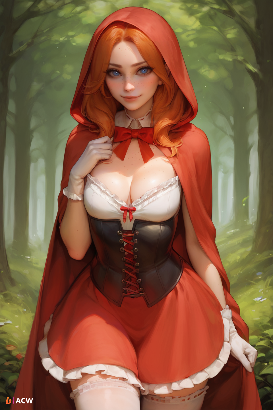 acw ai_generated blue_eyes bowtie corset dress female forest frilled_dress frilled_legwear frilly_clothing gloves little_red_riding_hood looking_at_viewer medium_breasts orange_hair outdoors smile thighhighs