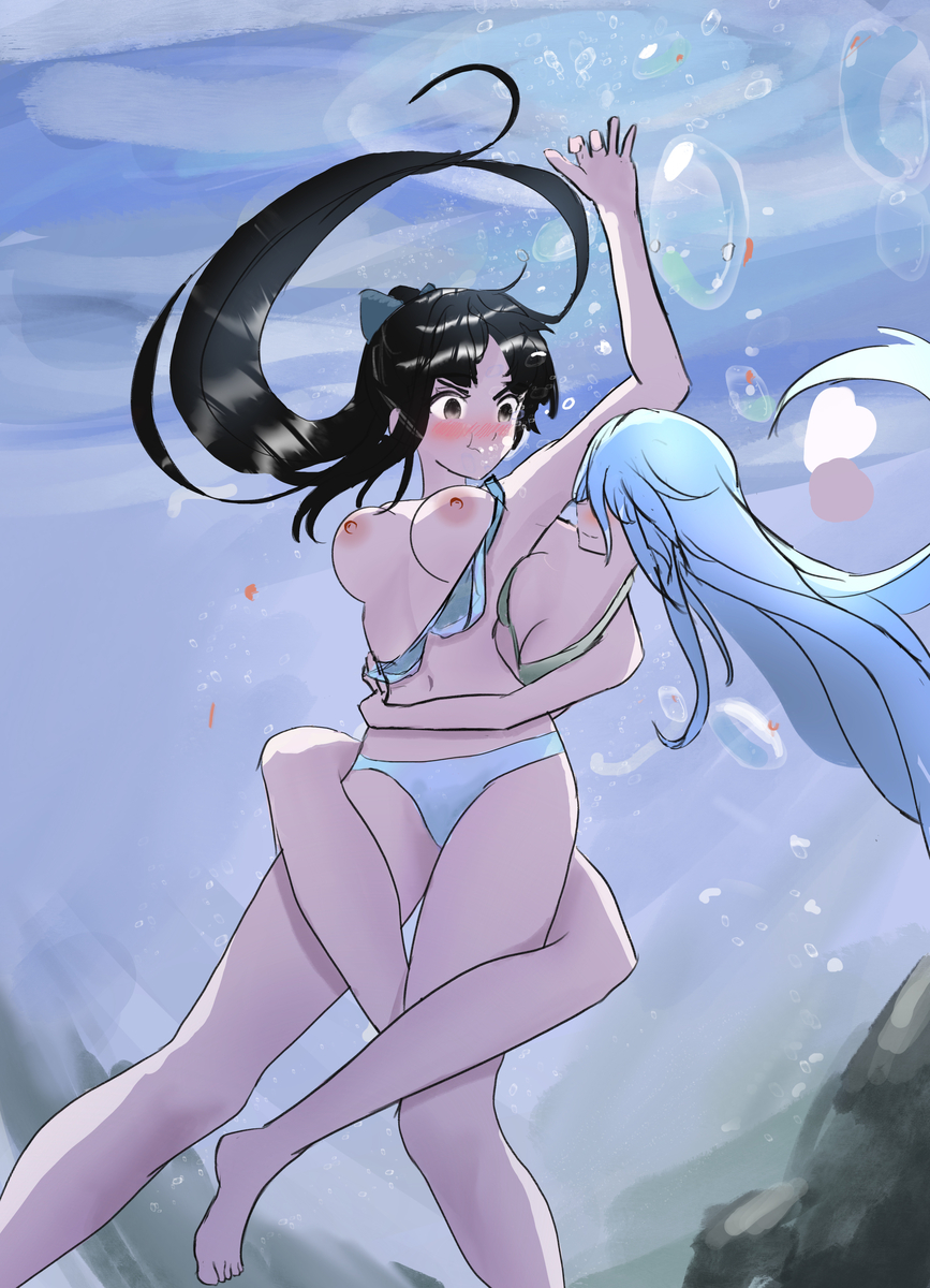 2girls air_bubbles big_breasts black_eyes black_hair blue_hair breasts dark_eyes dark_hair marima666_(artist) panicking removed_bra smile struggling struggling_to_get_out swimsuit swimwear underwater water