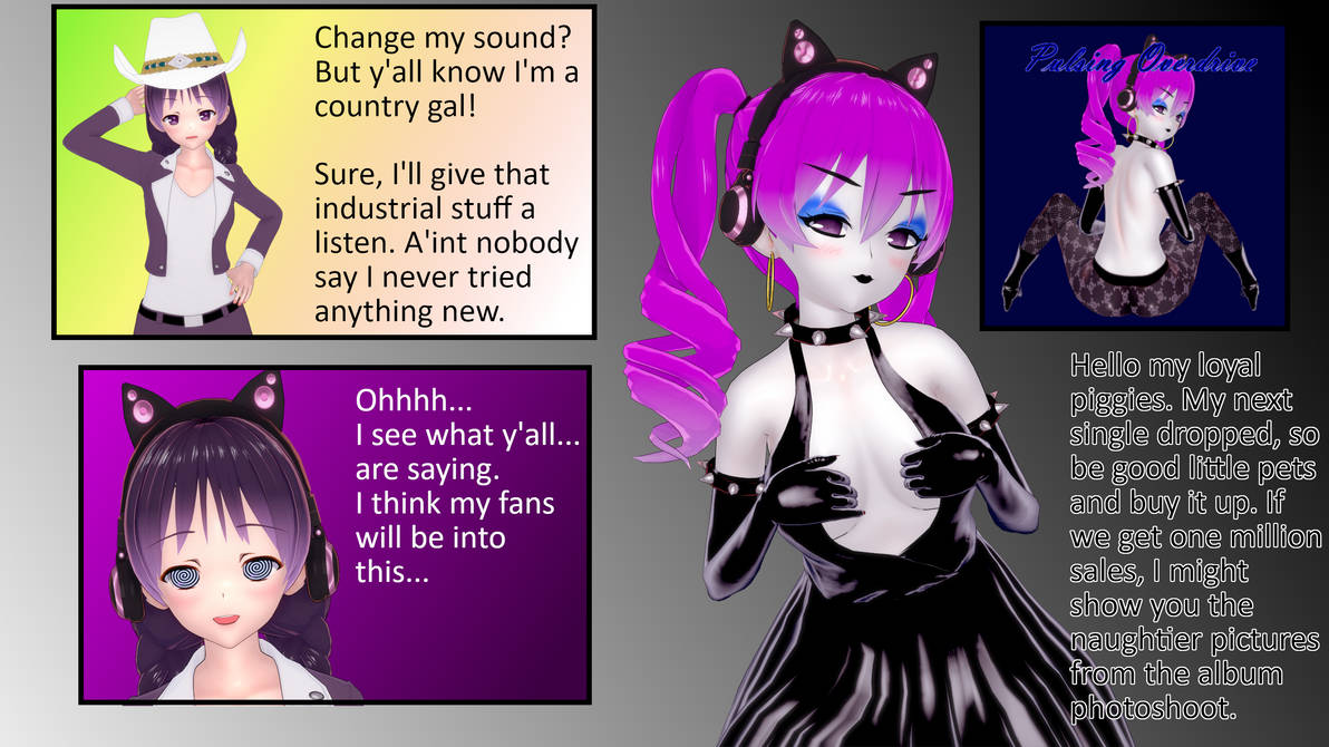 1girls 3d before_and_after black_boots black_leggings black_lipstick black_stockings blue_eyeshadow breast_expansion cat_ear_headphones clothes_changed comic corruption dialogue female female_only fishnet_stockings goth goth_girl gothification hairstyle_change headphones headphones_on_head hypnosis hypnotic_accessory hypnotic_device hypnotic_music identity_death kneehigh_boots latex latex_boots latex_dress latex_gloves leggings light_skin mind_control personality_change pink_hair purple_eyes purple_hair skin_color_change skull_pattern spiked_collar spiked_gloves spiral_eyes tech_control transformation twintails wfay42 white_skin