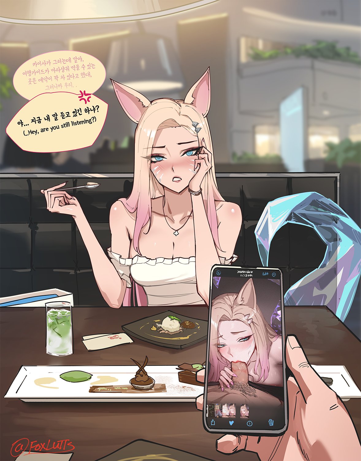 ahri anger_symbol animal_ears annoyed artist_signature blonde_hair blue_eyes blush booth booth_seating cleavage colored_tips crystal_tail cup date english_text face_markings fellatio fingernails food fox_ears foxlutts gradient_hair hairclip half-closed_eyes hand_on_penis head_rest holding_phone holding_spoon juxtaposition k/da_series korean_text league_of_legends lipstick lipstick_mark lipstick_on_penis long_hair looking_at_viewer male_pubic_hair multicolored_hair necklace phone phone_screen pink_fingernails pink_hair pov pov_hands public restaurant ruined_reputation shiny_skin