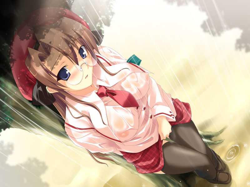 blue_eyes brown_hair female game_cg glasses hat no_bra purupuru_shirts! see-through solo thighhighs wet wet_clothes yuisaka_natsuki yukirin