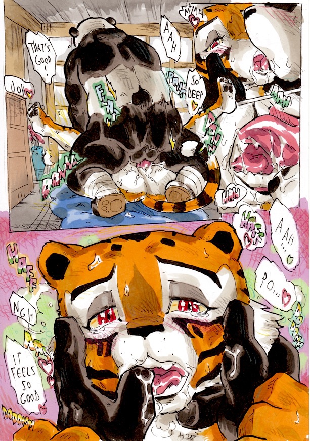 anthro ass balls bear better_late_than_never comic daigaijin english_text erection feline female kissing kung_fu_panda male mammal master_po_ping master_tigress page_428 panda penetration penis pussy sex tiger vaginal_penetration