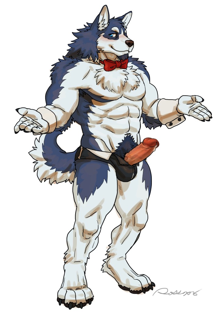 abs biceps blue_eyes bow_tie canine husky male male_only mammal muscles pecs rossciaco solo wolf