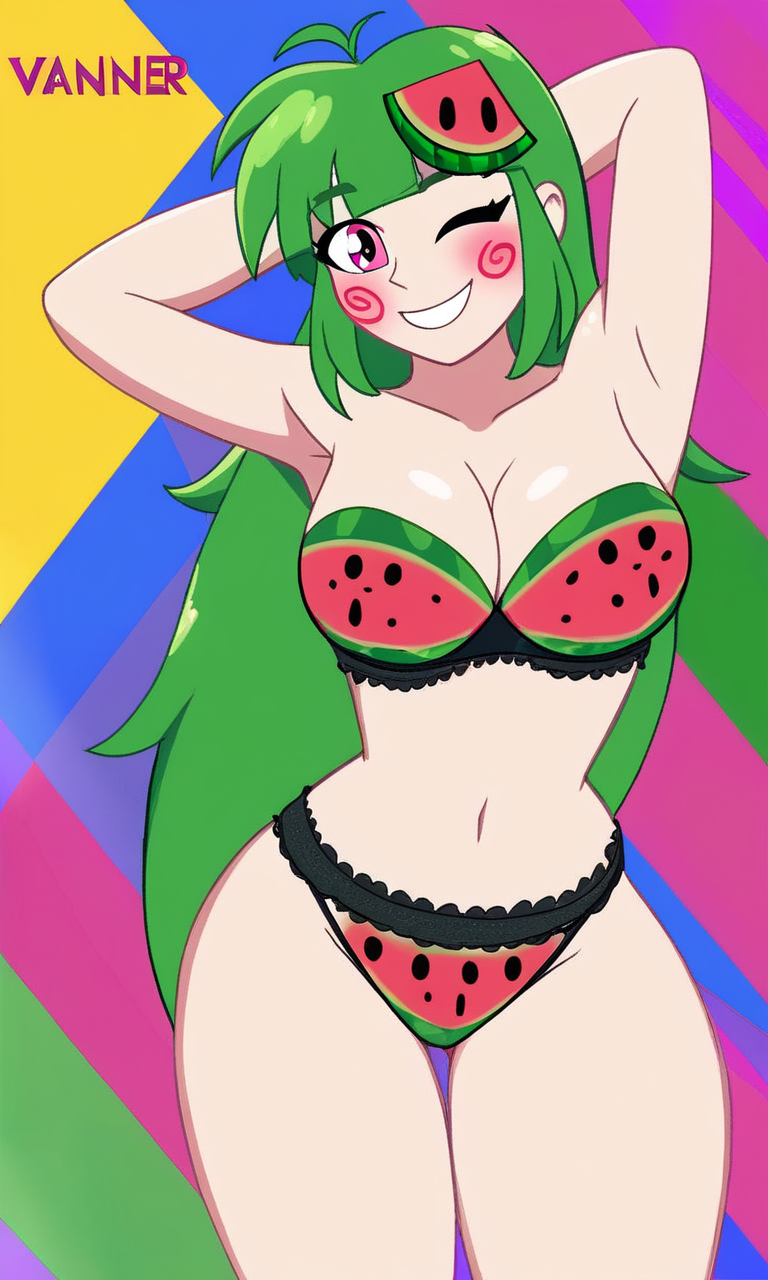 ai_generated armpits big_breasts blush colorful_background cute_girl green_hair happy_female hips lingerie long_hair pink_eyes underwear vannamelon vannamelon_(copyright) wink winking_at_viewer