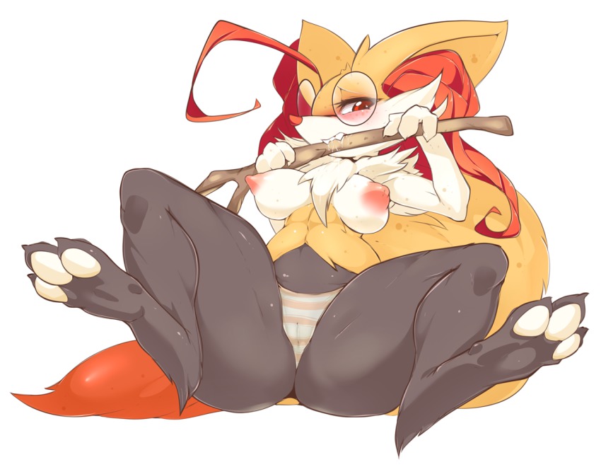 ass, biting, blush, braixen, breasts, erect nipples, female, furry, glasses, nipples, panties, pokémon (species), pokemon, pokemon (species), puffy nipples, red eyes, saliva, slugbox, solo, stick, striped, striped panties, teeth