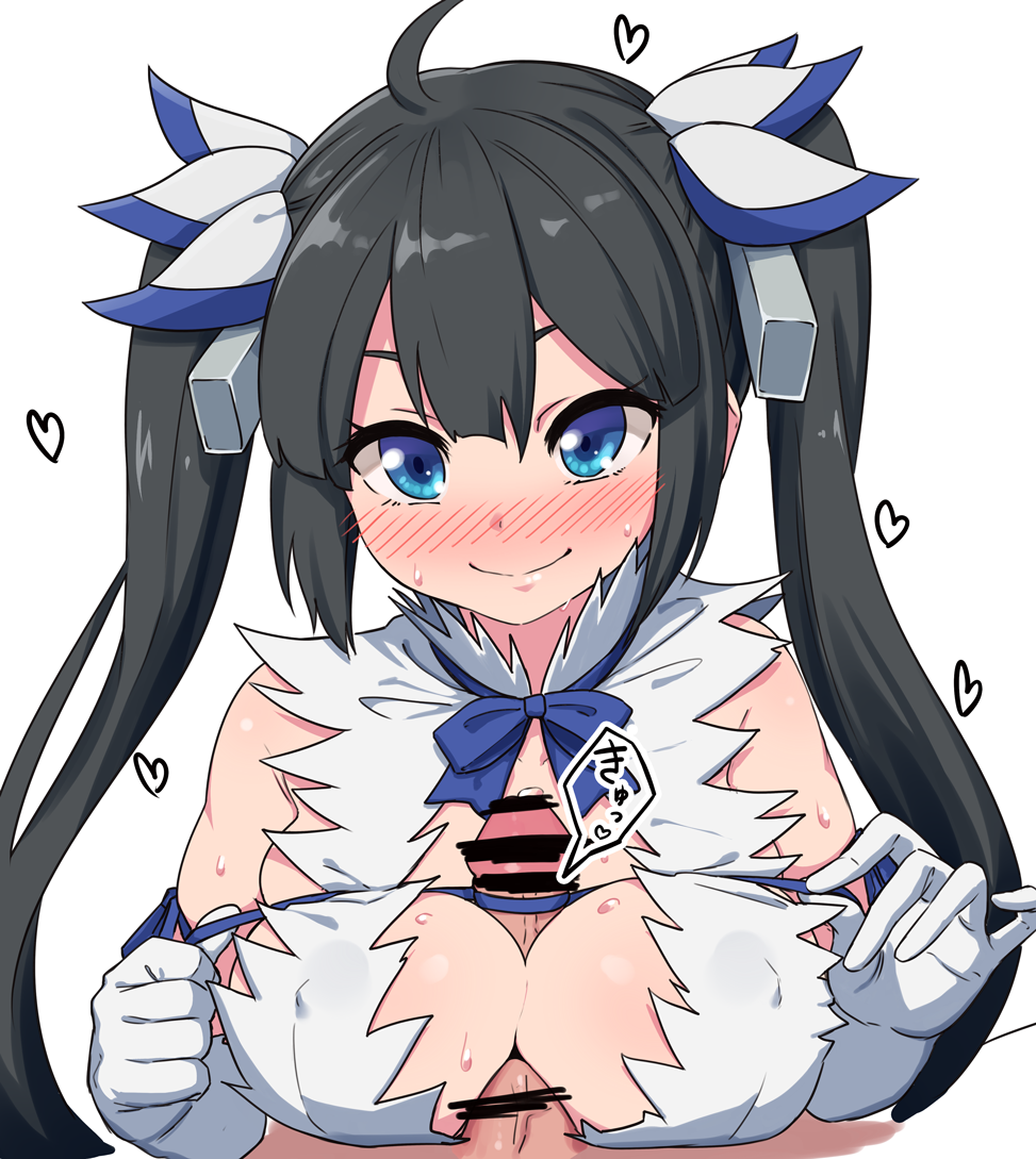 black_hair blue_eyes blush breasts censor_bar censored censored_penis cleavage cleavage_cutout dress dungeon_ni_deai_wo_motomeru_no_wa_machigatteiru_darou_ka female hair_ribbon hestia_(danmachi) long_hair omaru09 paizuri ribbon tied_hair twintails white_dress