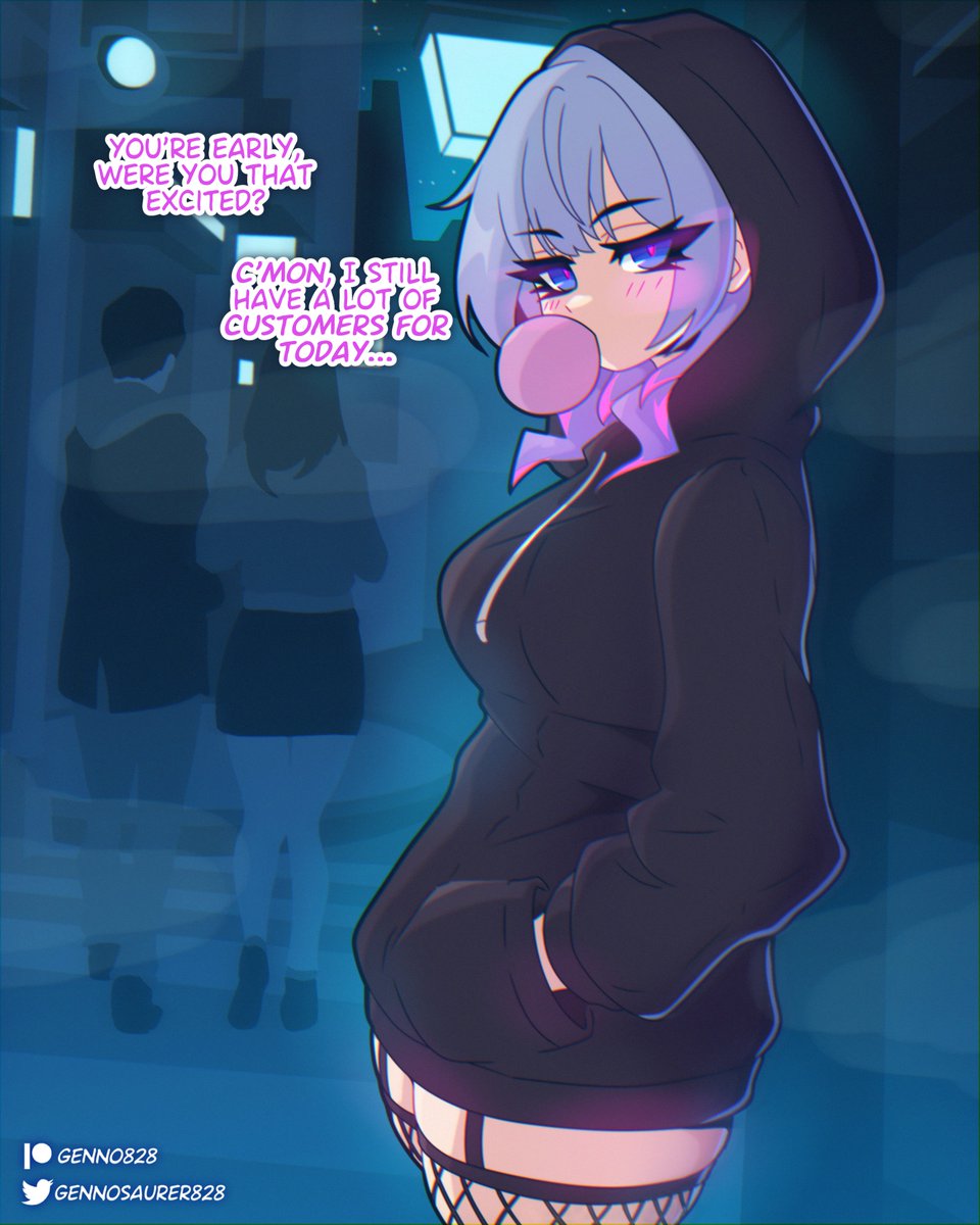 1boy 2girls big_ass big_breasts big_thighs black_hoodie blowing_bubblegum blue_eyes blue_hair bubble_gum dialogue genno hatsune_miku hoodie light-skinned_female lingerie prostitute prostitution rabbit_hole_(deco*27/caststation) rabbit_hole_(vocaloid) tagme vocaloid