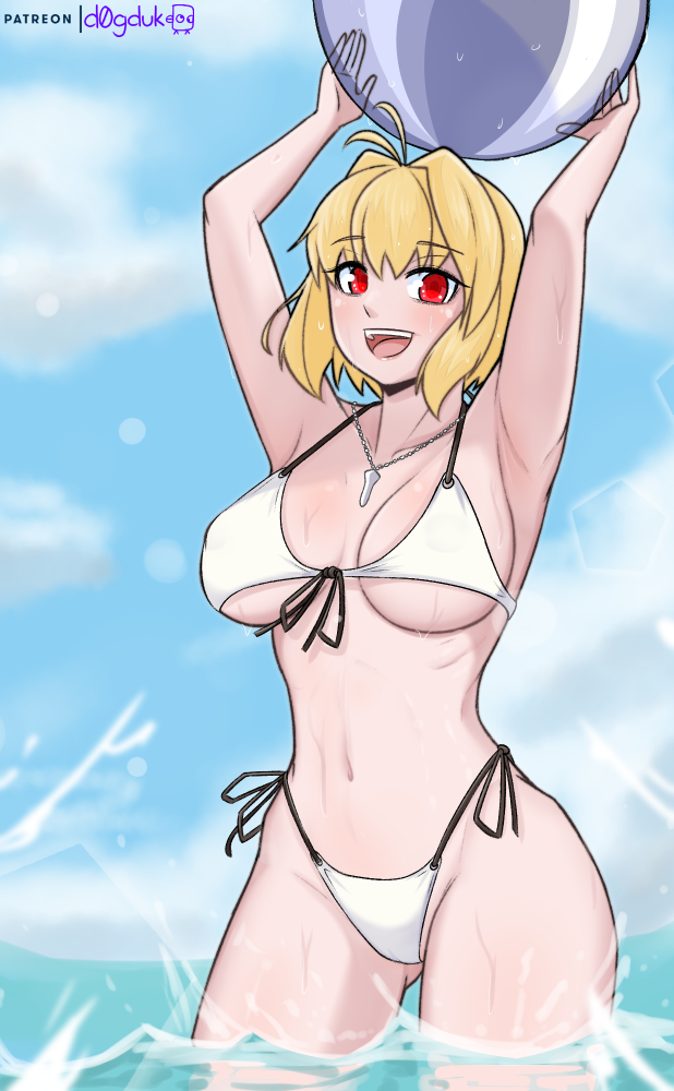 ahoge alternate_costume alternate_version_available antenna_hair arcueid_brunestud beach beach_ball big_breasts bikini blonde_hair blush breasts curvy d0gduk female highres hips huge_breasts large_breasts medium_breasts navel ocean open_mouth plump red_eyes short_hair smile solo swimsuit swimsuit_bottom swimsuit_top thick_thighs tsukihime vampire water wide wide_hips