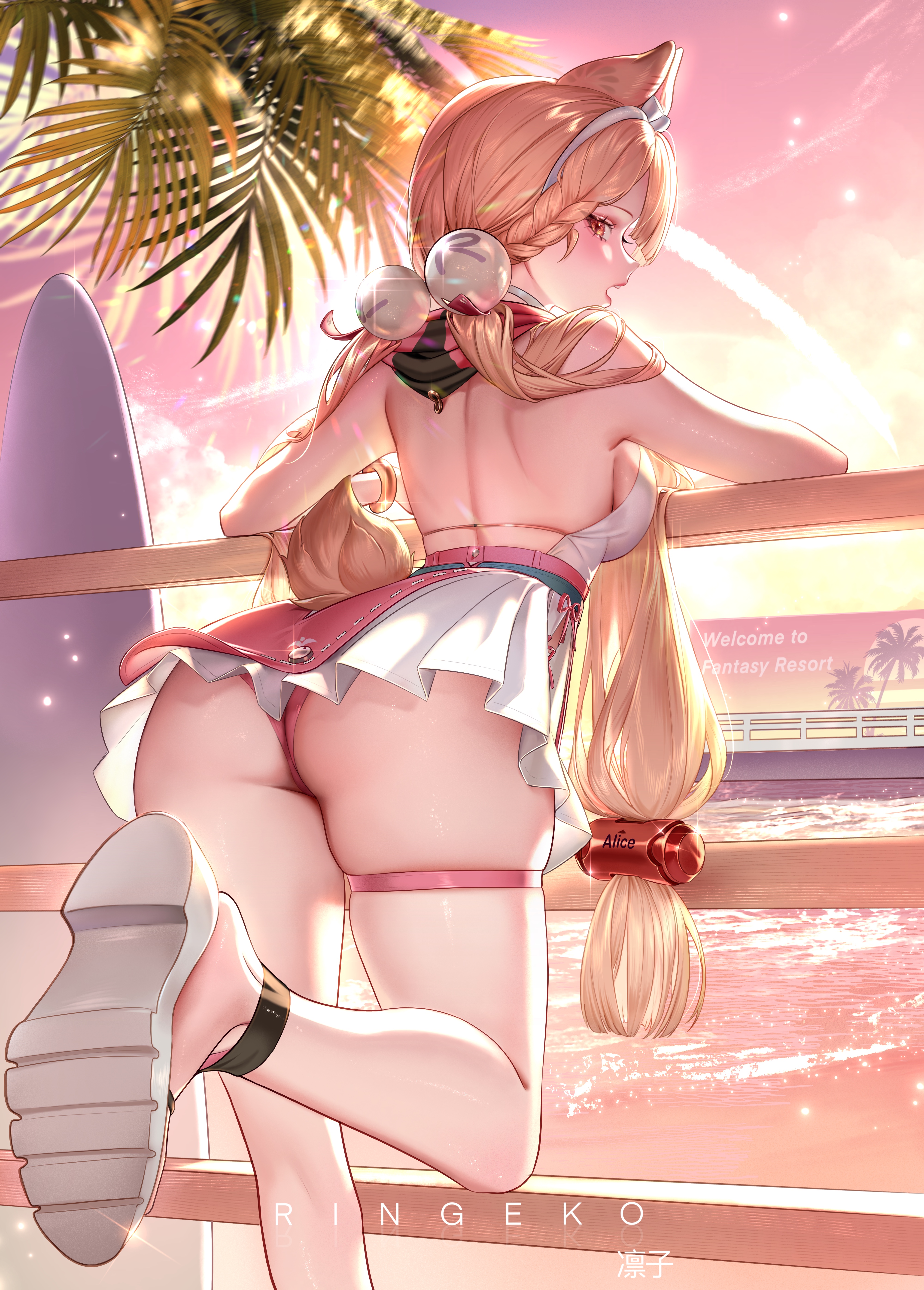 1girls, absurdres, alice thymefield, alice thymefield (sea of thyme), animal ears, animal tail, artist name, ass, back, big breasts, blonde, blonde female, blonde hair, blonde-haired female, breasts, commentary, dress, english text, female, female only, foot out of frame, foot up, from behind, highres, kemonomimi, looking at viewer, looking back, median furrow, my lady, official alternate costume, open mouth, orange eyes, outdoors, panties, pink panties, rabbit ears, rabbit girl, rabbit tail, ringeko-chan, short dress, shoulder blades, skindentation, sole female, solo, sphere hair ornament, swimsuit, tail, thigh strap, underwear, video game character, white dress, zenless zone zero