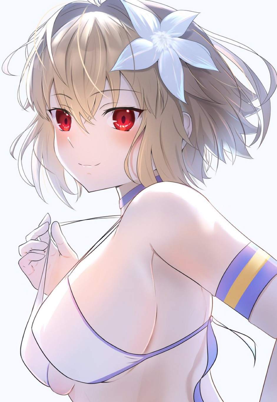 alternate_breast_size arcueid_brunestud bare_shoulders big_boobs big_breasts bikini blonde_hair blush boobs breasts fate/grand_order fate_(series) female flower hair_flower hair_ornament highres huge_boobs huge_breasts large_boobs large_breasts looking_at_viewer red_eyes short_hair smile swimsuit tits tsukihime umi_endu white_bikini